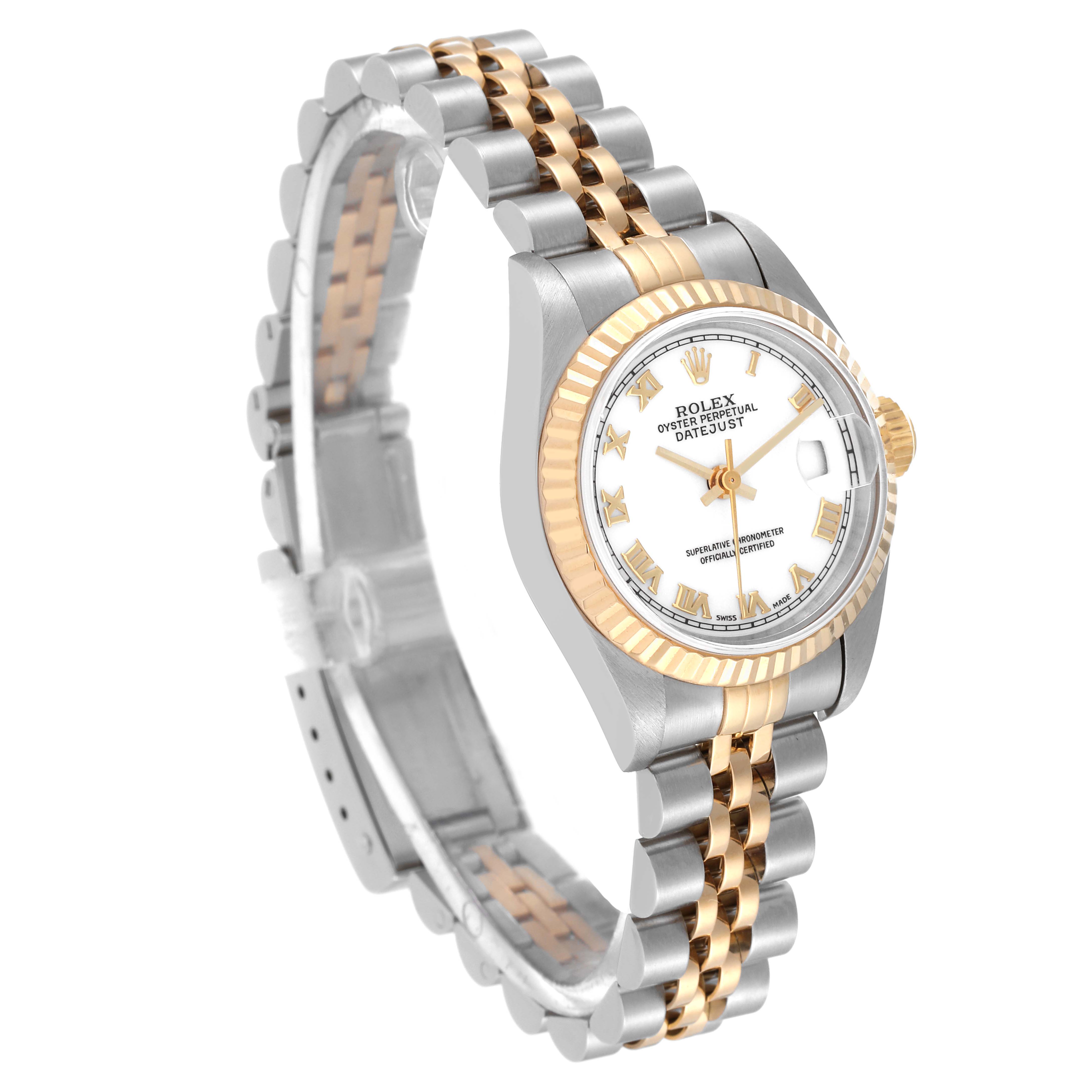 This image shows a Rolex Datejust 69173 Women's Steel and Gold (two tone) White Dial 69173 Women's Steel and Gold (two tone) White Dial watch from a three-quarter angle, highlighting the two-tone bracelet and the face.