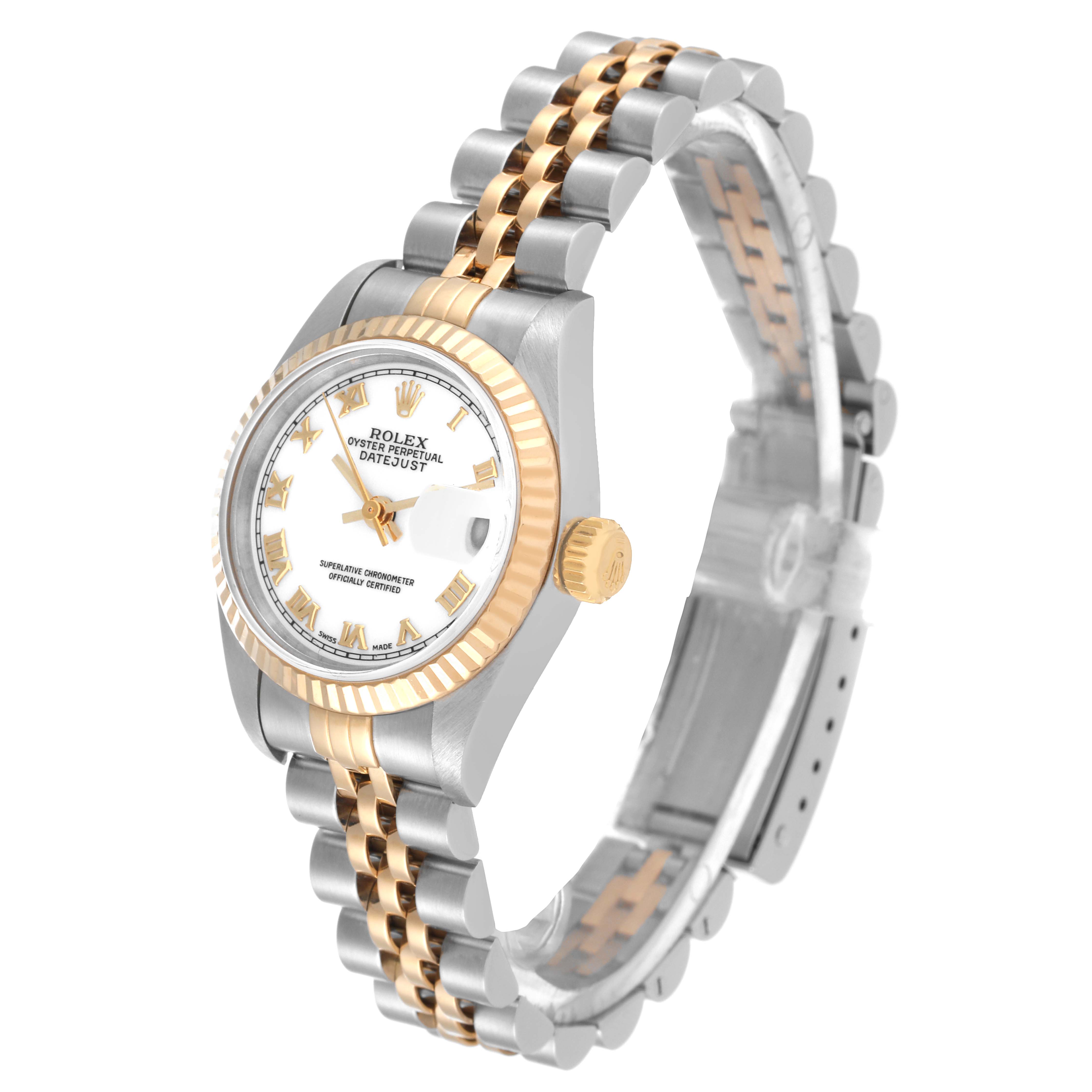 The Rolex Datejust 69173 Women's Steel and Gold (two tone) White Dial 69173 Women's Steel and Gold (two tone) White Dial watch is shown from an angle highlighting its face, bezel, crown, and metal bracelet.