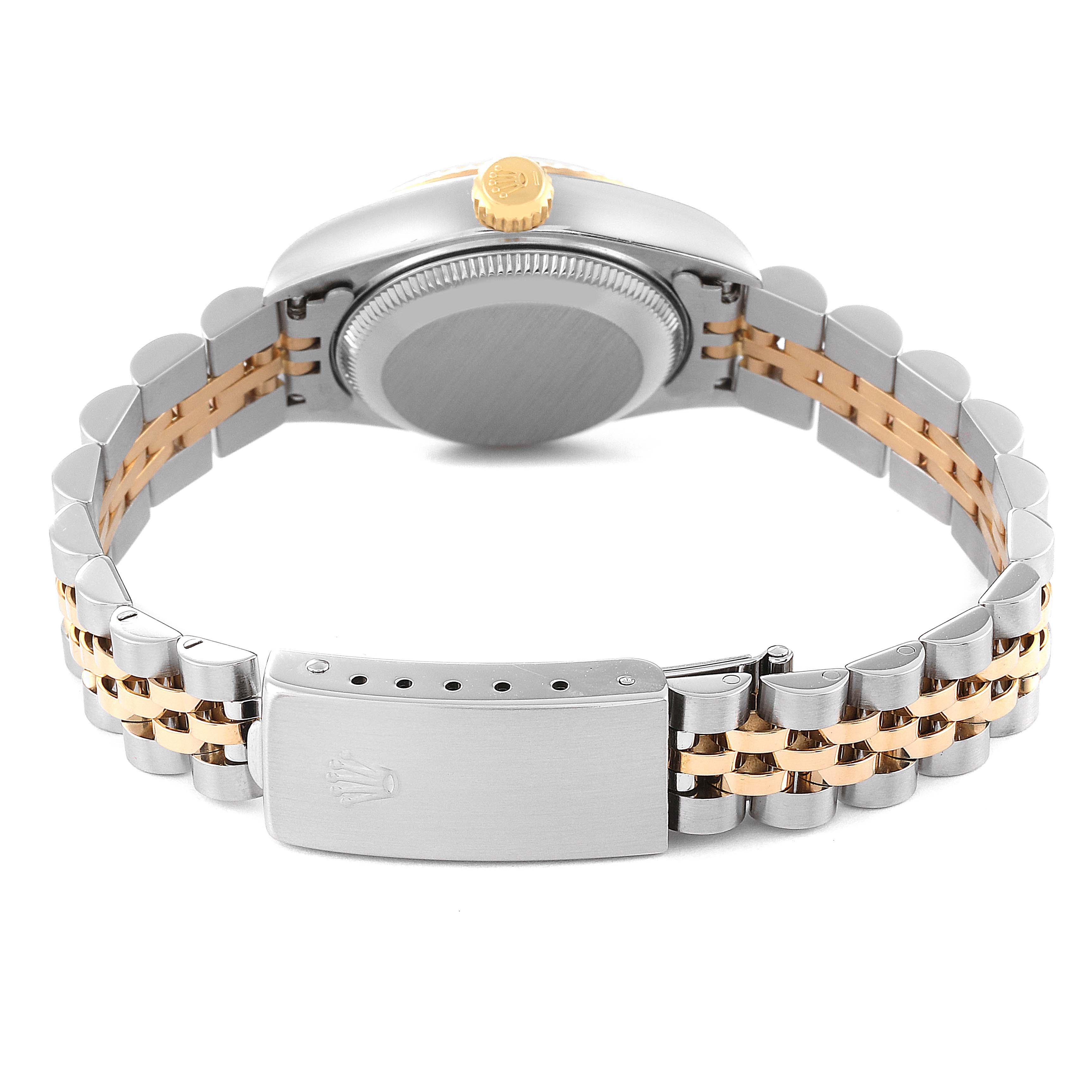 The image shows the back view of a Rolex Datejust 69173 Women's Steel and Gold (two tone) White Dial 69173 Women's Steel and Gold (two tone) White Dial watch, including the case back, crown, and Jubilee bracelet.