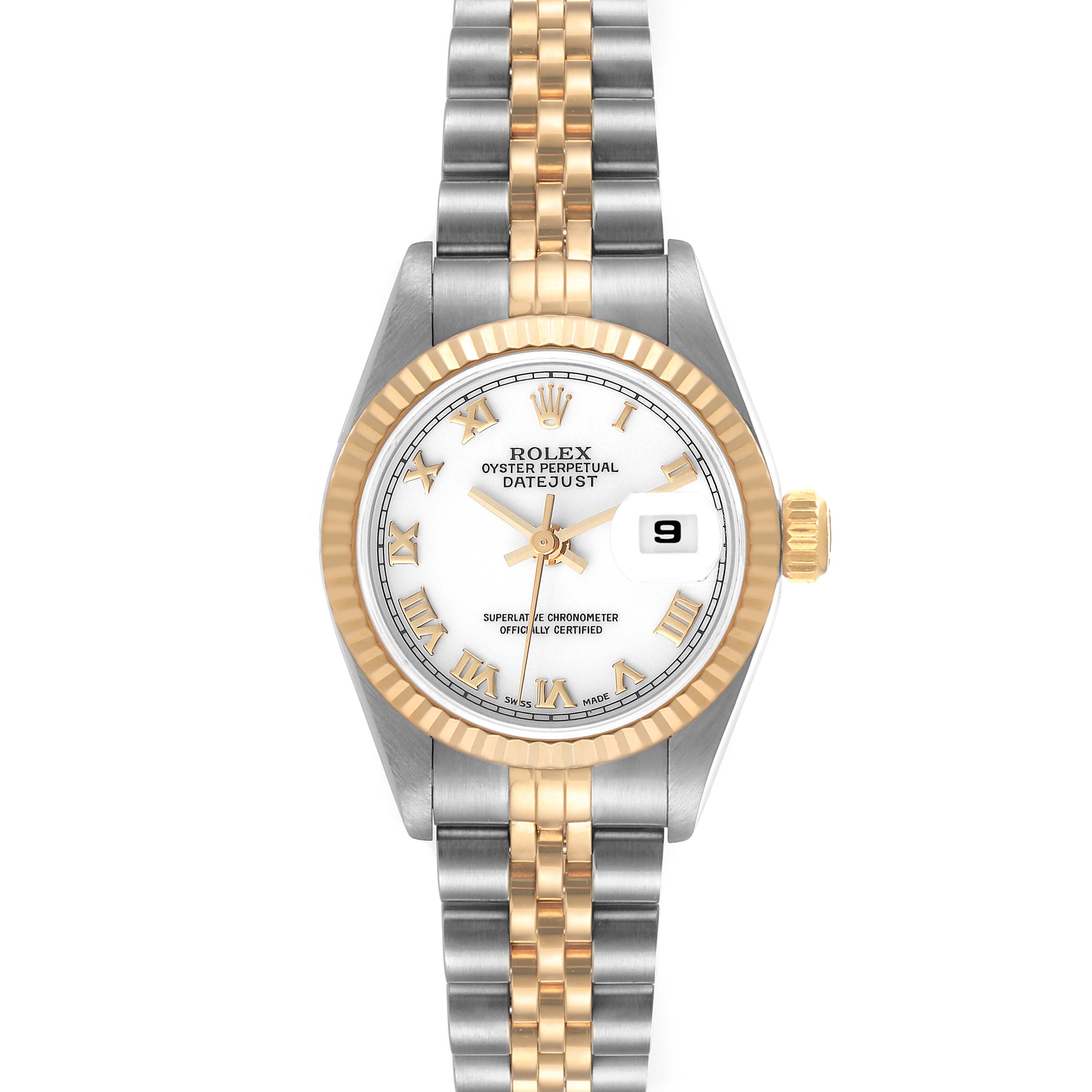 The image shows a frontal view of a Rolex Datejust 69173 Women's Steel and Gold (two tone) White Dial 69173 Women's Steel and Gold (two tone) White Dial watch, displaying the dial, bezel, crown, and bracelet.