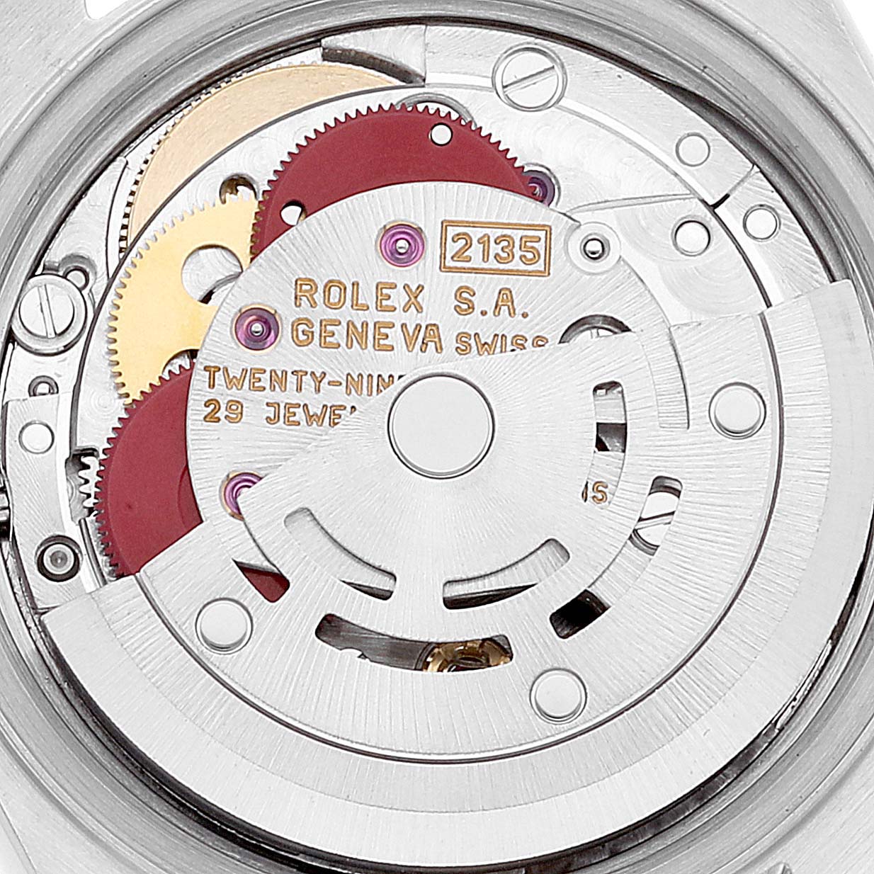 The image shows a close-up of the movement inside a Rolex Datejust 69173 Women's Steel and Gold (two tone) White Dial 69173 Women's Steel and Gold (two tone) White Dial watch, highlighting the intricate mechanical components.