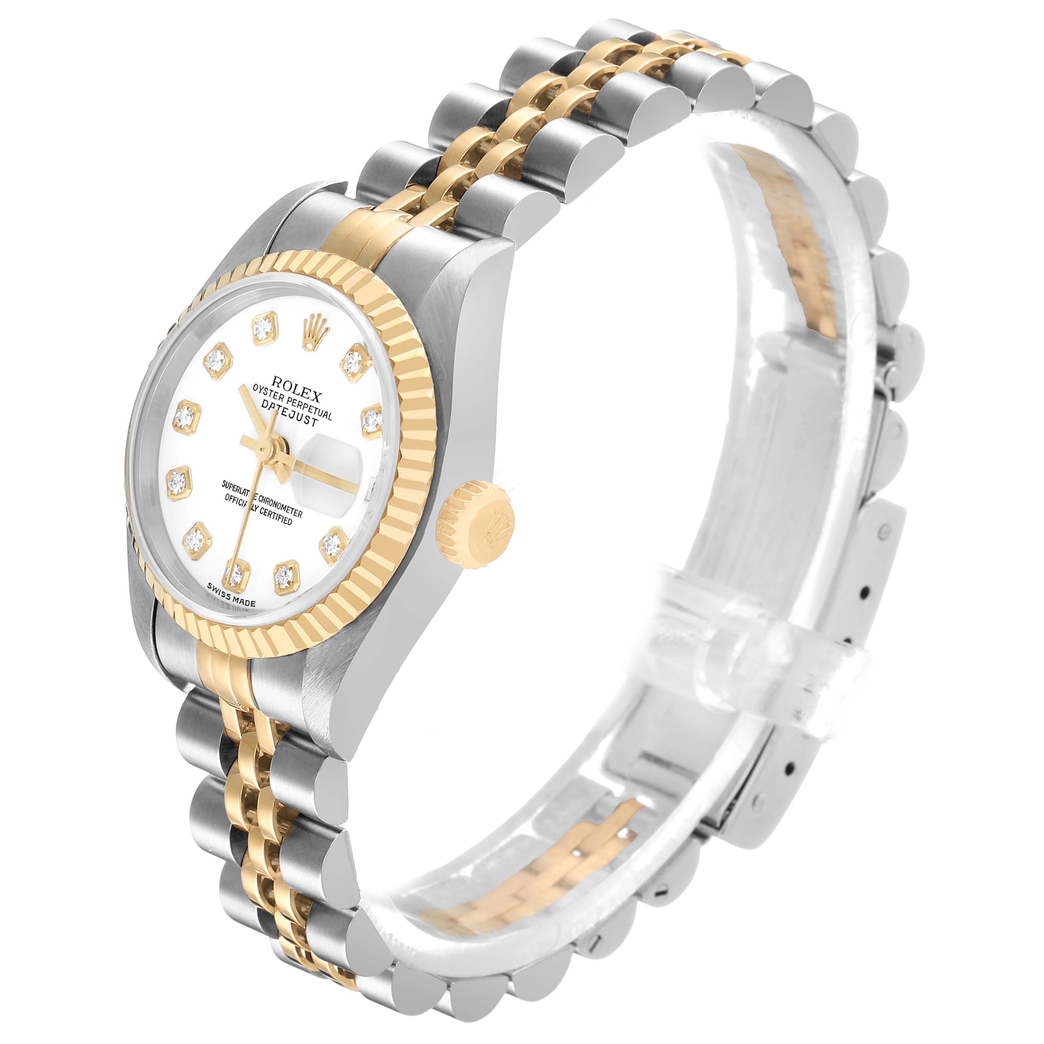 The Rolex Datejust 79173 Women's Steel and Gold (two tone) White Dial watch is shown at a three-quarter angle, revealing its face, crown, and two-tone bracelet.