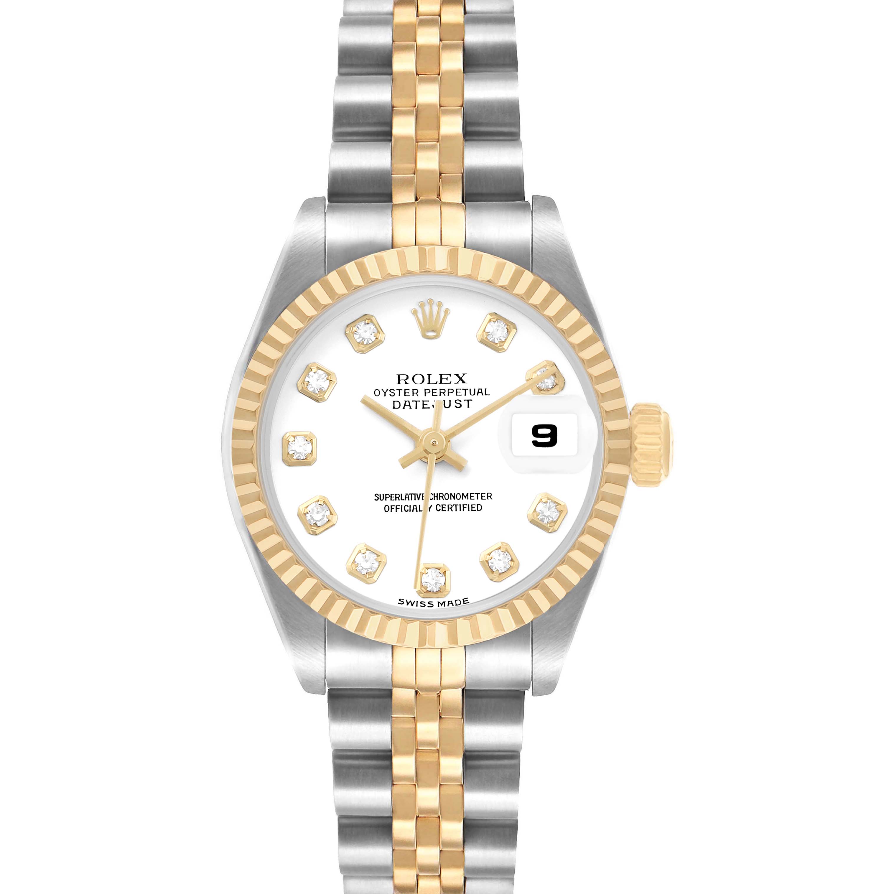 The Rolex Datejust 79173 Women's Steel and Gold (two tone) White Dial watch is shown from the front, displaying the face, bezel, crown, and full bracelet.