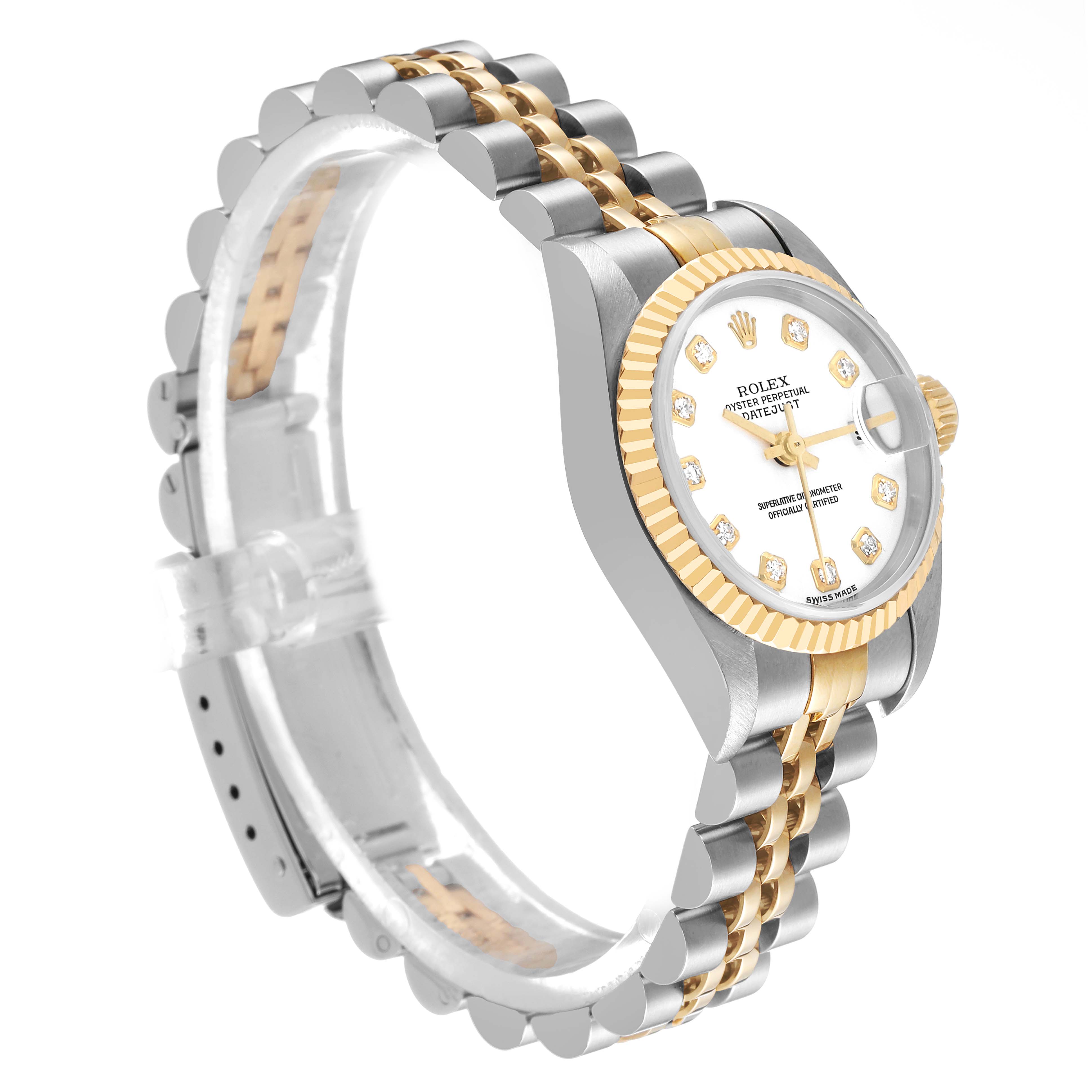 The Rolex Datejust 79173 Women's Steel and Gold (two tone) White Dial watch is shown at a three-quarter angle, displaying the face, bezel, and part of the bracelet.