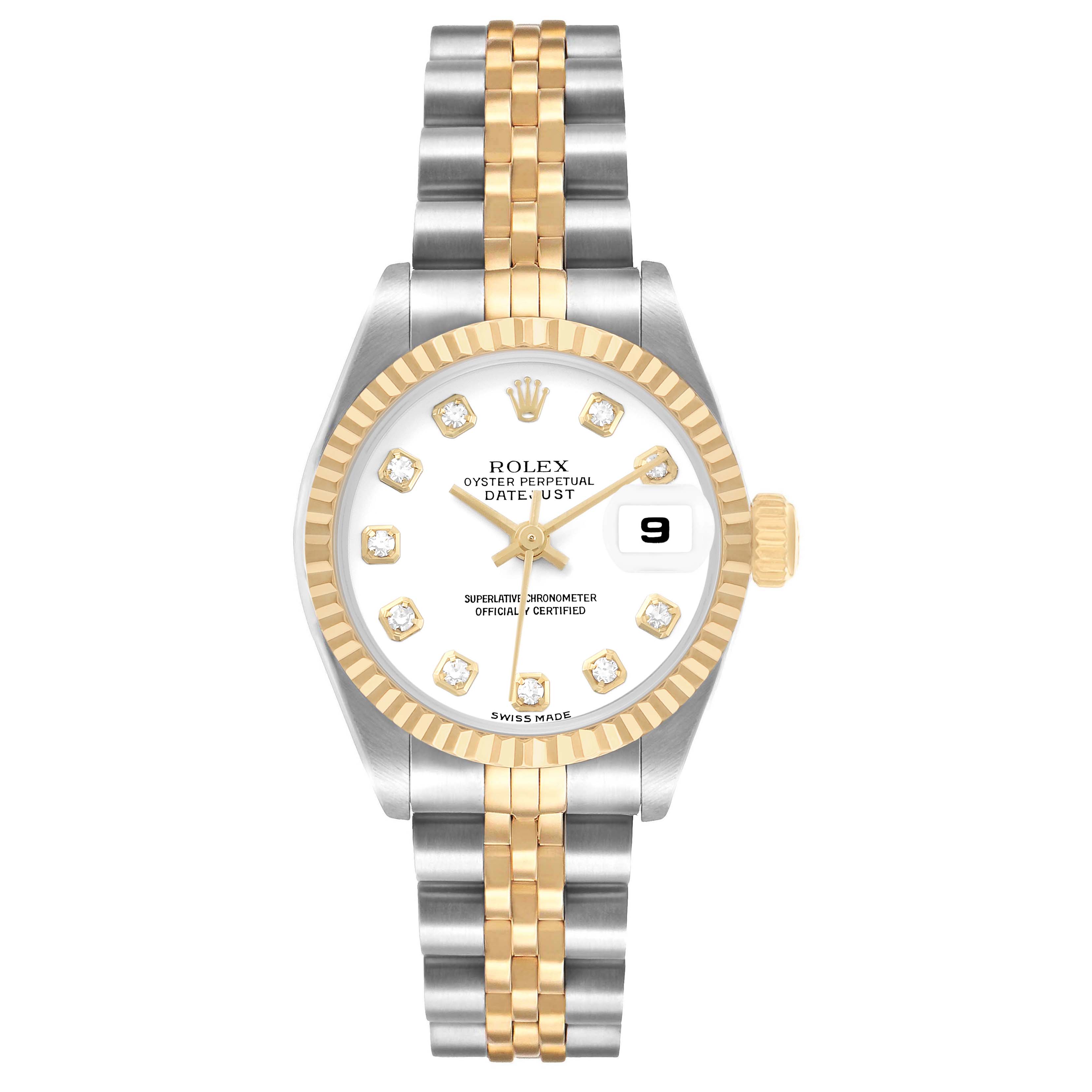 The Rolex Datejust 79173 Women's Steel and Gold (two tone) White Dial watch is shown from a top-down angle, highlighting its dial, bezel, and two-tone bracelet.