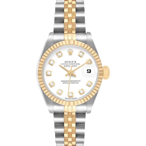 The Rolex Datejust 79173 Women's Steel and Gold (two tone) White Dial watch is shown from a front angle, displaying its face and two-tone bracelet.