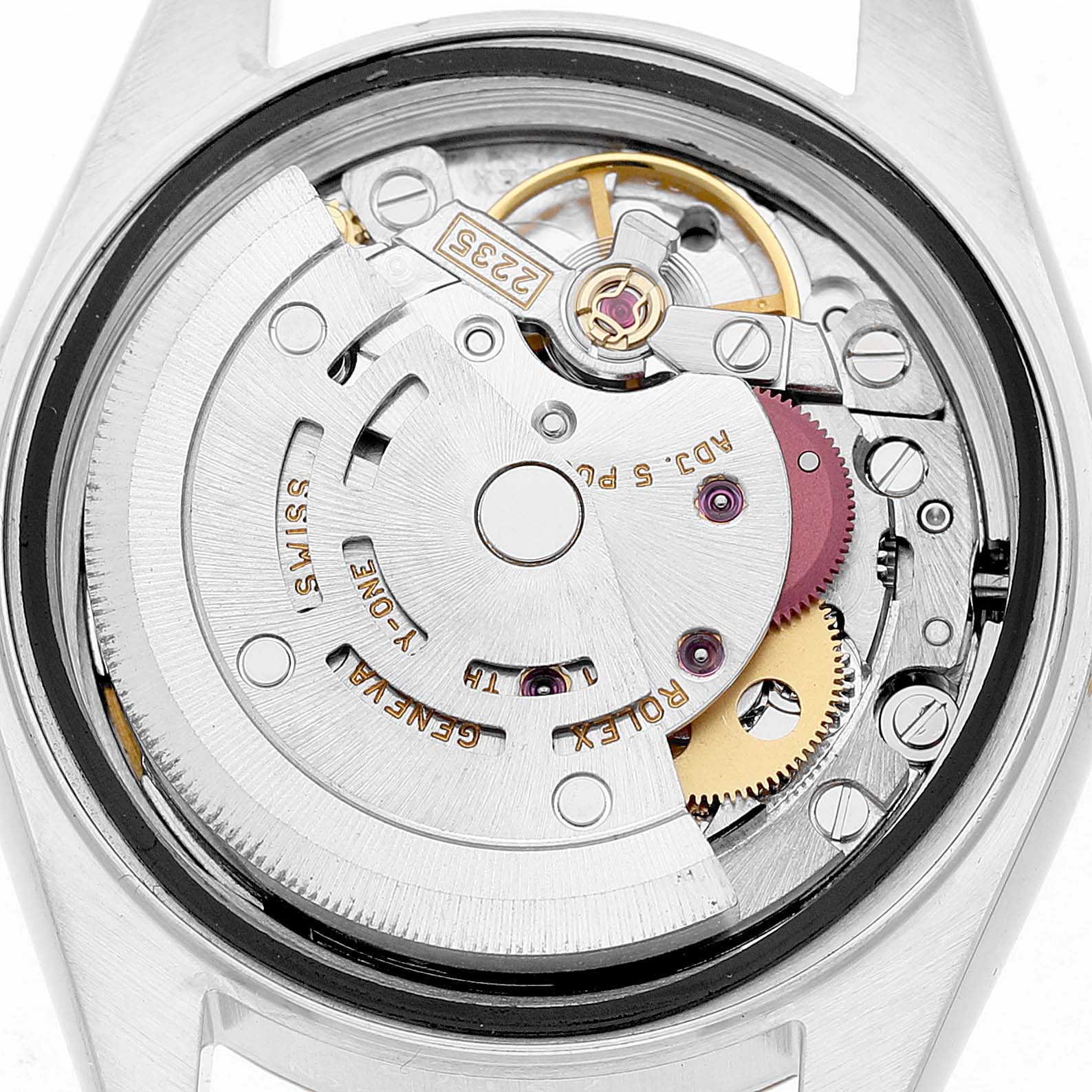The image shows the movement of a Rolex Datejust 79173 Women's Steel and Gold (two tone) White Dial watch from a top-down angle, highlighting the rotor and gears.