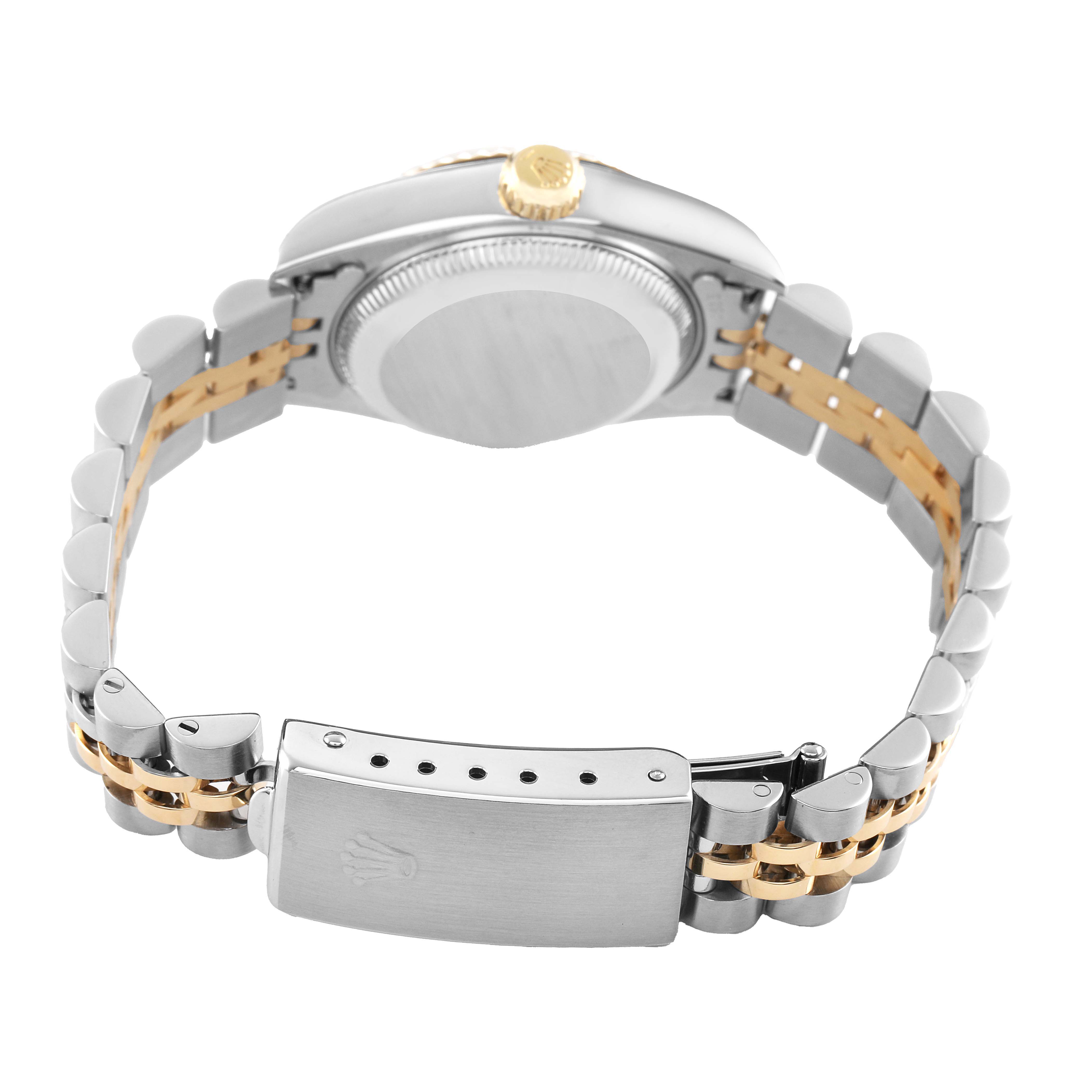 The image shows the back and side angle of a Rolex Datejust 79173 Women's Steel and Gold (two tone) White Dial, highlighting the clasp, bracelet, and crown.