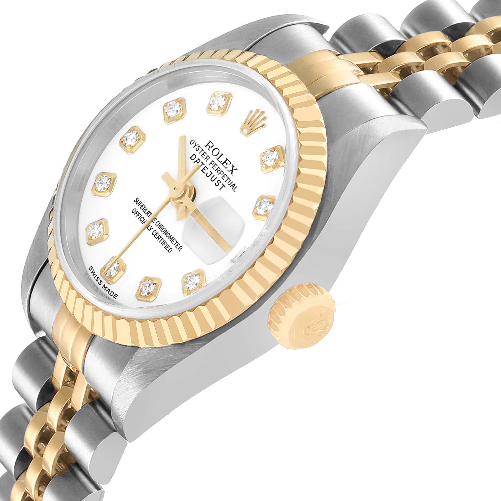 The Rolex Datejust 79173 Women's Steel and Gold (two tone) White Dial watch is shown from an angled side view, featuring the bezel, crown, and part of the bracelet.