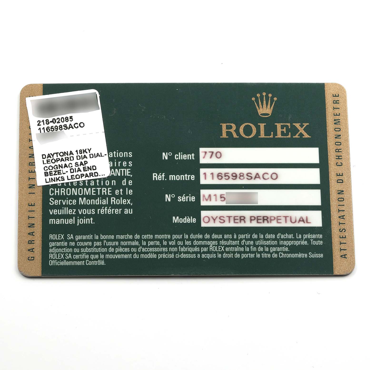 The image shows the warranty card of a Rolex Daytona 116598 Men's Yellow Gold Orange Dial, including model and serial numbers.