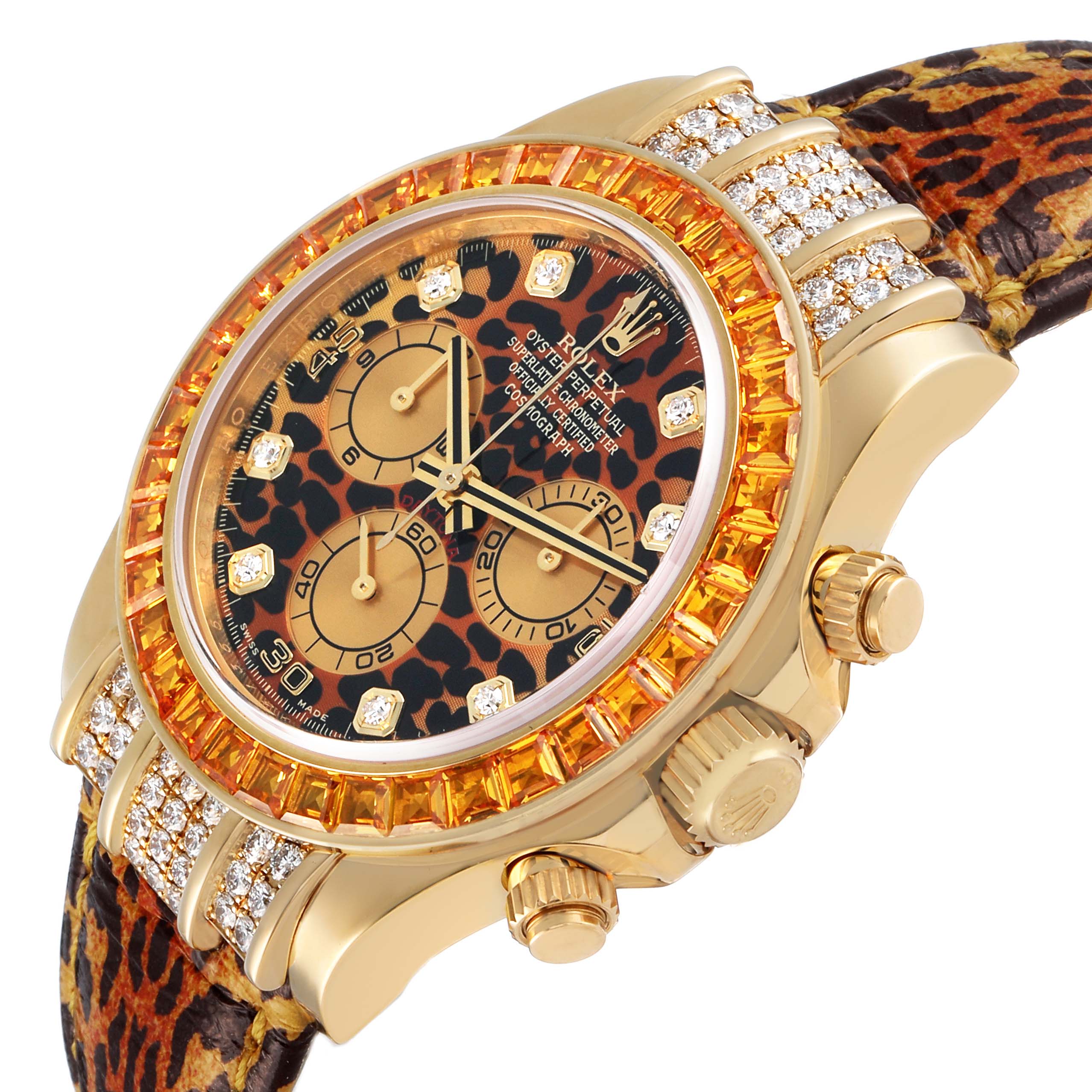 The Rolex Daytona 116598 Men's Yellow Gold Orange Dial watch is shown at a tilted angle, highlighting its leopard-patterned dial, gemstone bezel, and jeweled strap.