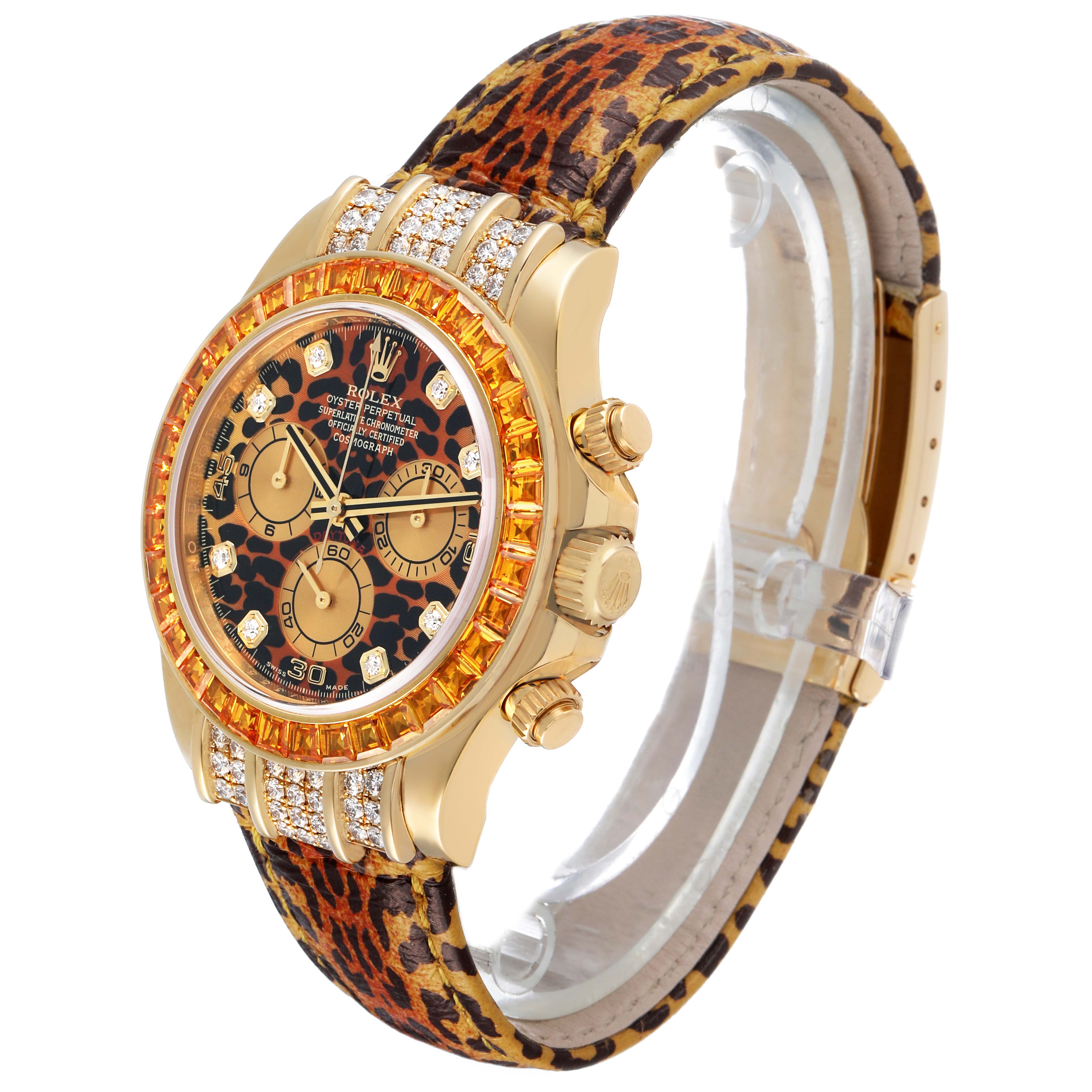 The Rolex Daytona 116598 Men's Yellow Gold Orange Dial watch is angled to show the face, three pushers, and a leopard print strap.