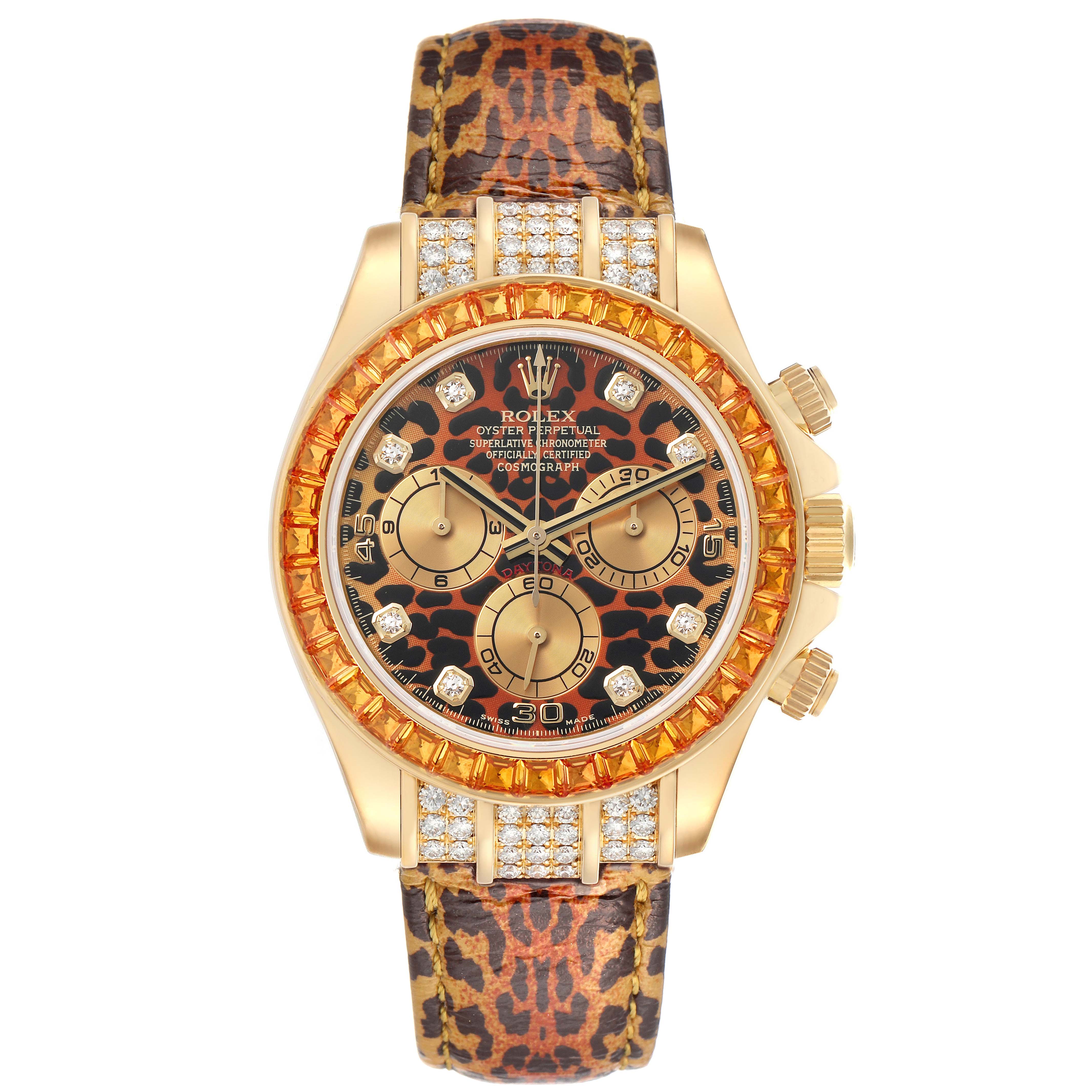 The Rolex Daytona 116598 Men's Yellow Gold Orange Dial watch is shown from a front angle, highlighting its dial, bezel, and leopard-print strap.