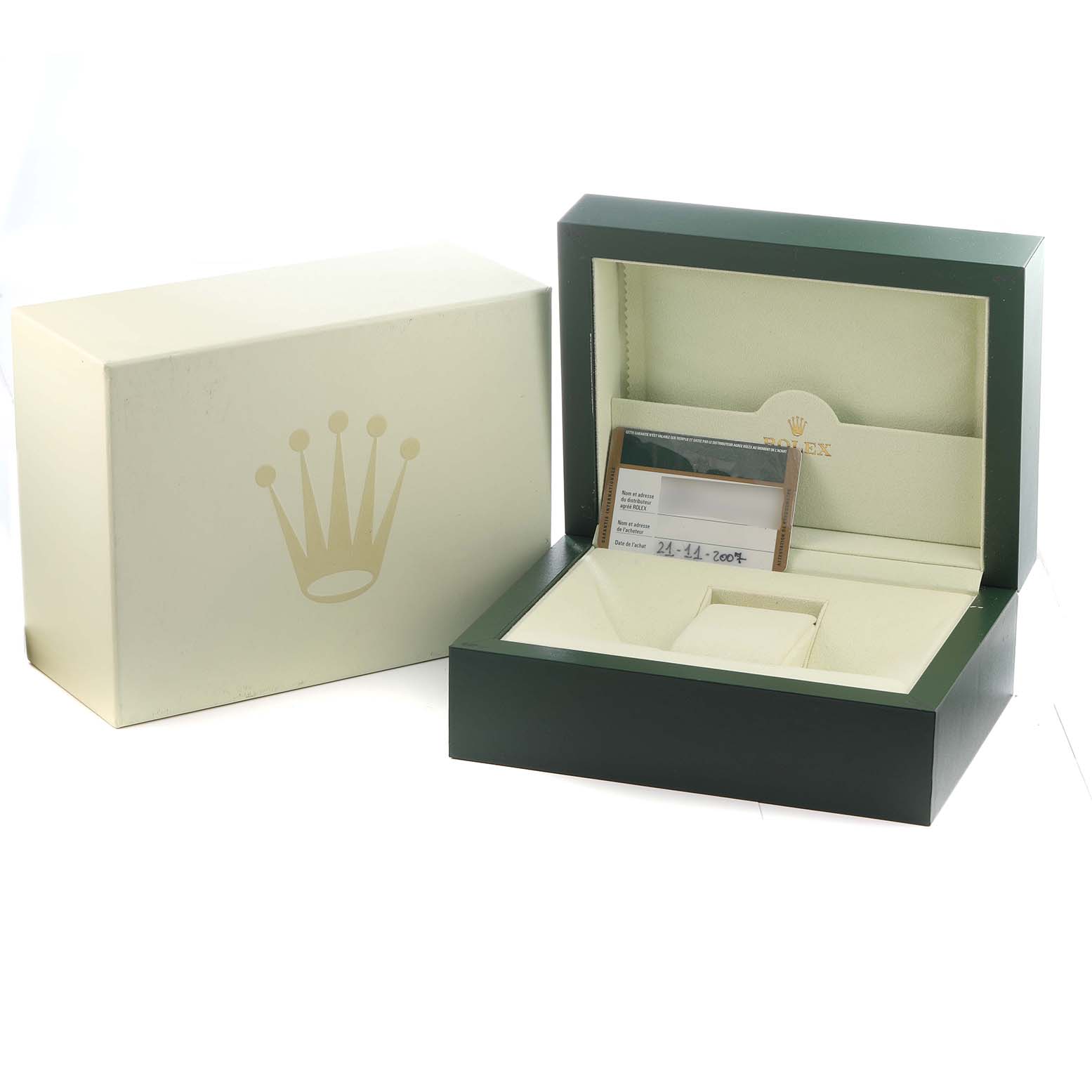 The image shows the open box of a Rolex Daytona 116598 Men's Yellow Gold Orange Dial, including outer packaging and documentation slot.