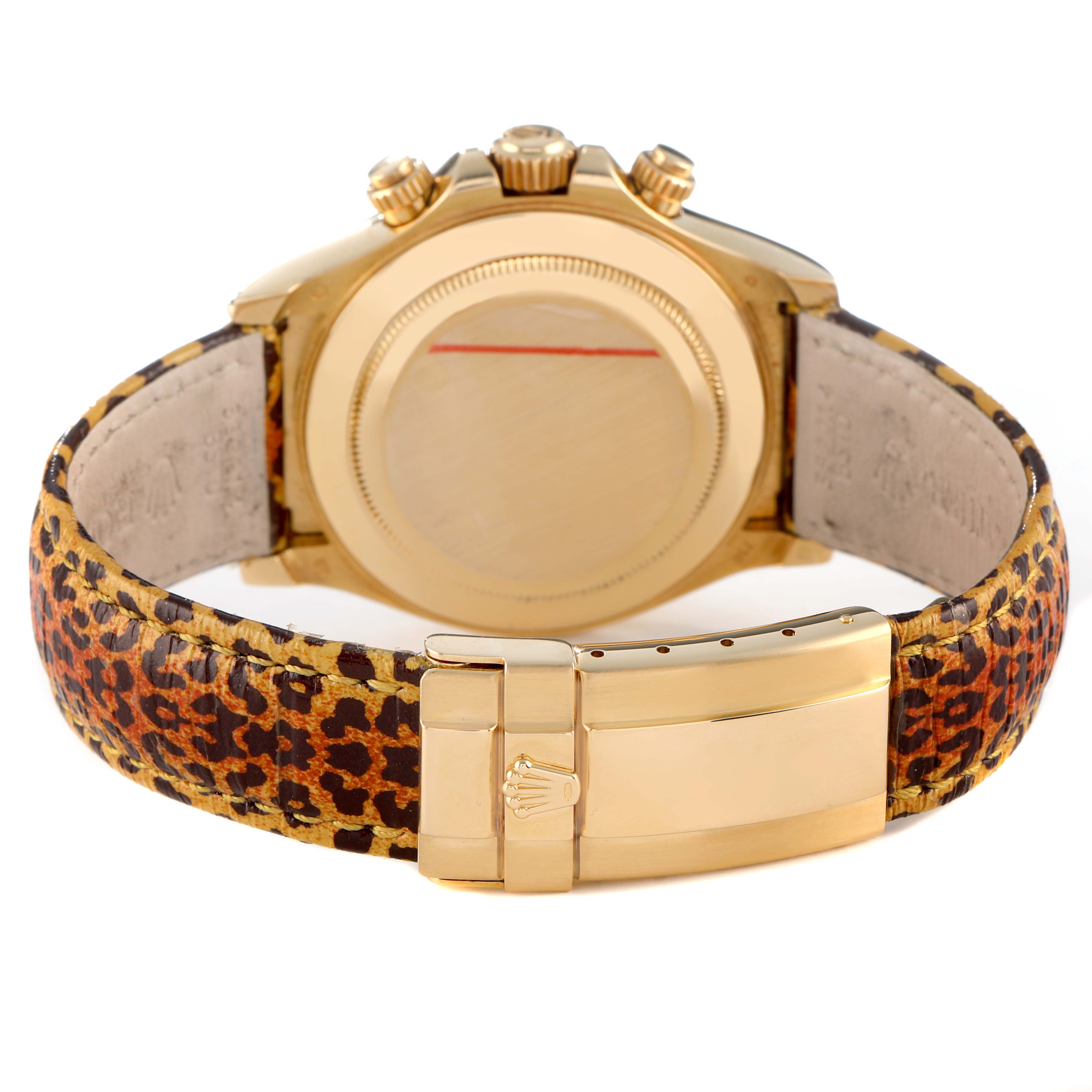 The image shows the back and clasp of a Rolex Daytona 116598 Men's Yellow Gold Orange Dial watch with a leopard-patterned strap in a golden finish.