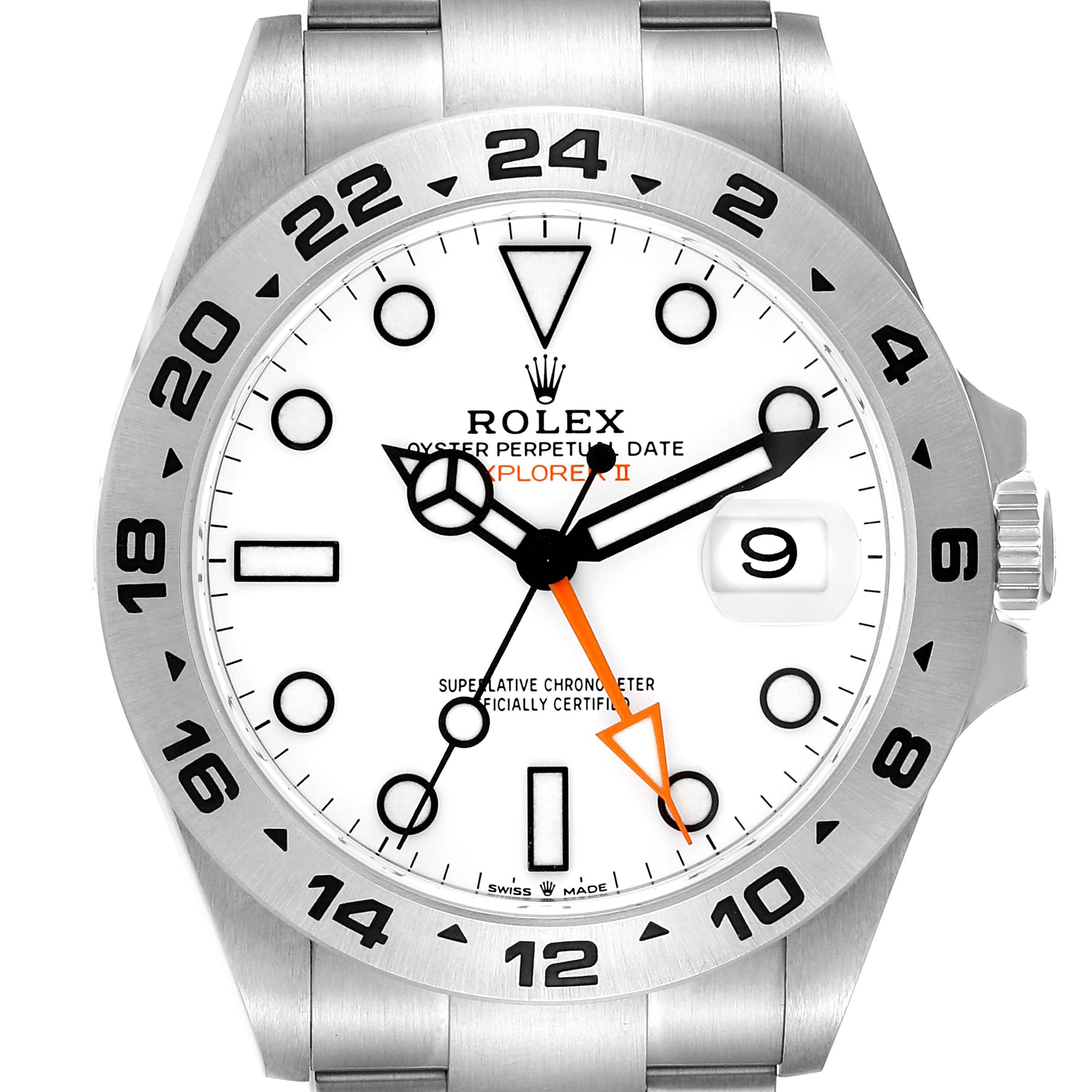 This image shows a front view of the Rolex Explorer 226570 Men's Stainless Steel White Dial 226570 Men's Stainless Steel White Dial watch, highlighting its face, bezel, hour markers, and bracelet.