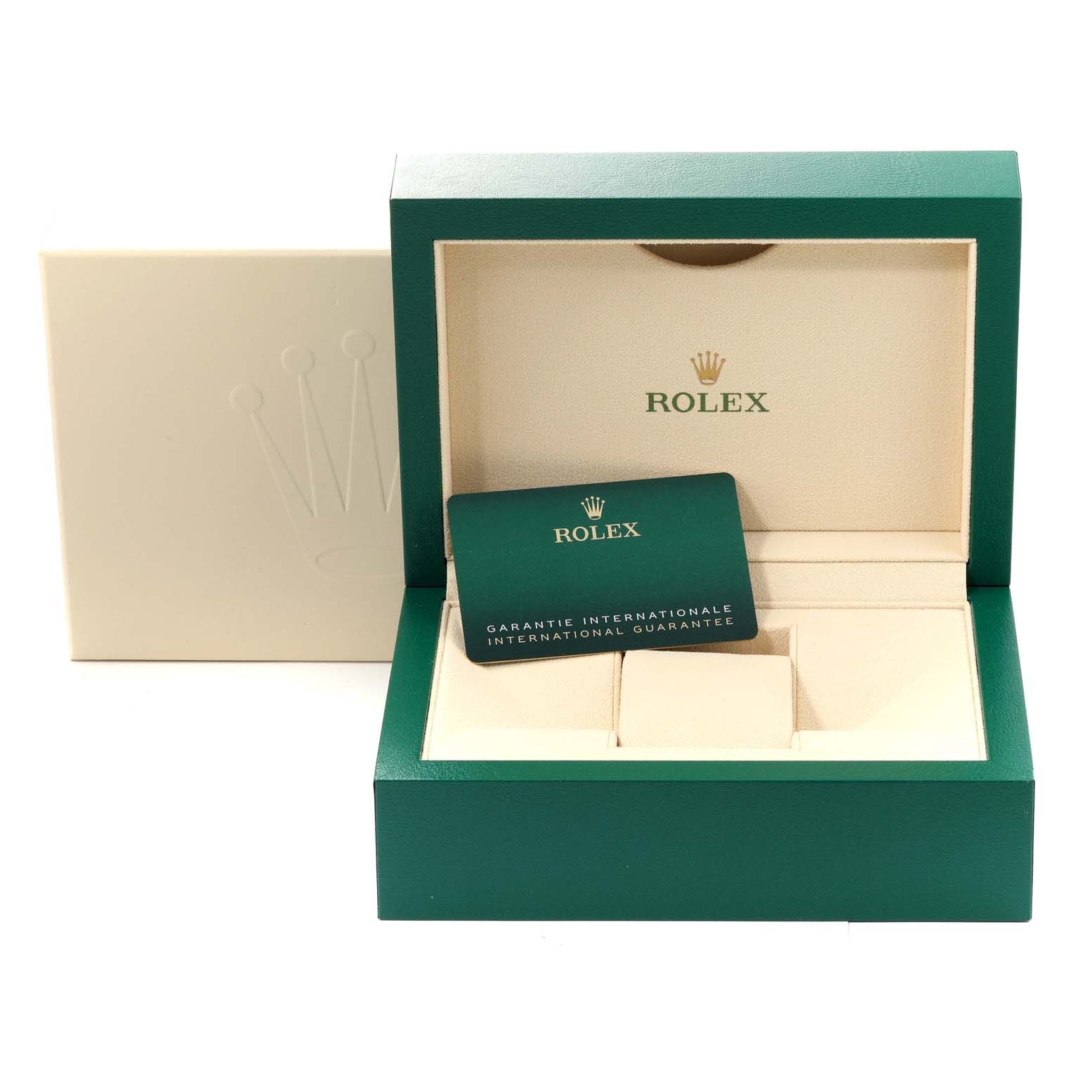 The image shows the open green box, guarantee card, and packaging of a Rolex Explorer 226570 Men's Stainless Steel White Dial 226570 Men's Stainless Steel White Dial model watch.