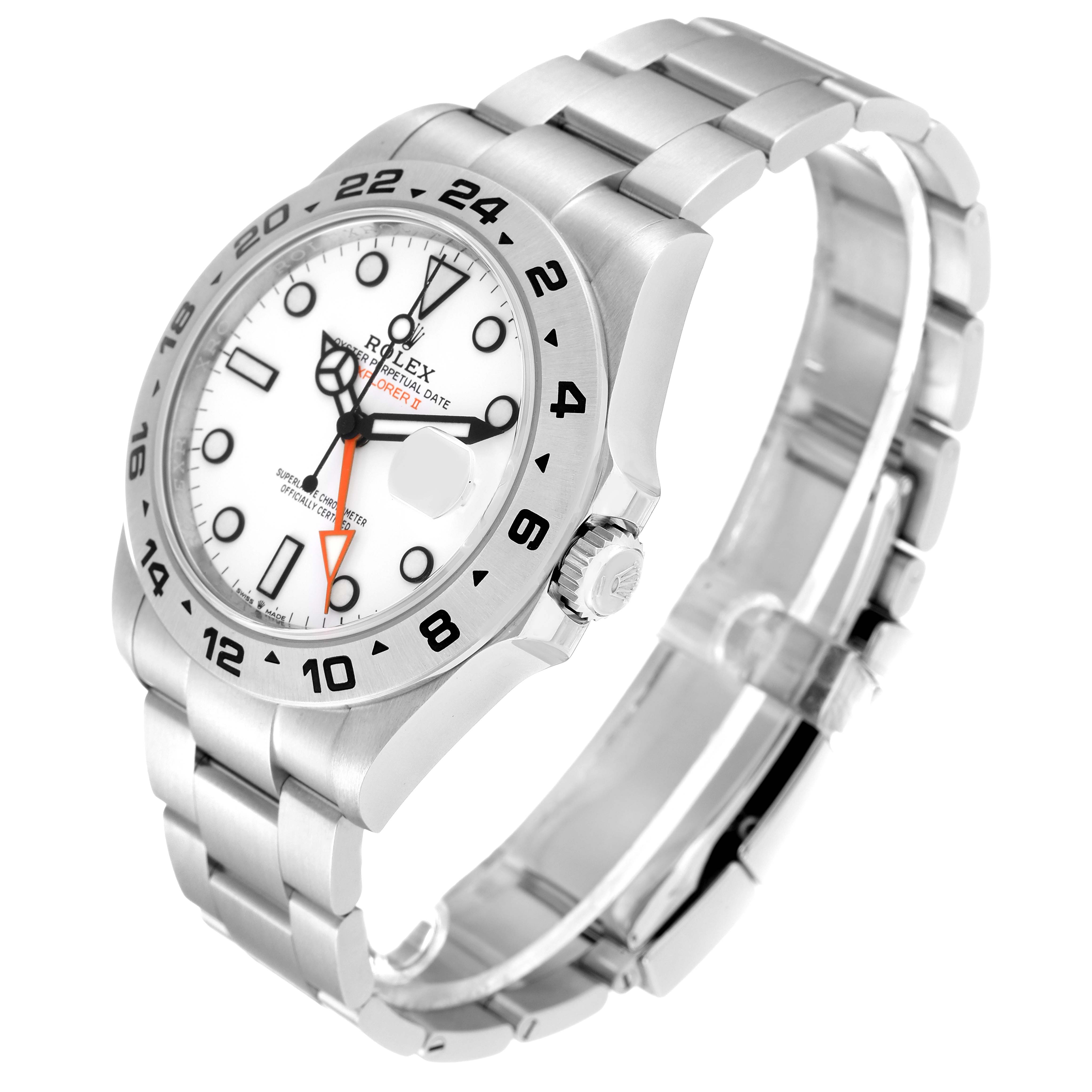 The Rolex Explorer 226570 Men's Stainless Steel White Dial 226570 Men's Stainless Steel White Dial watch is shown at an angle highlighting the face, bezel, crown, and bracelet.