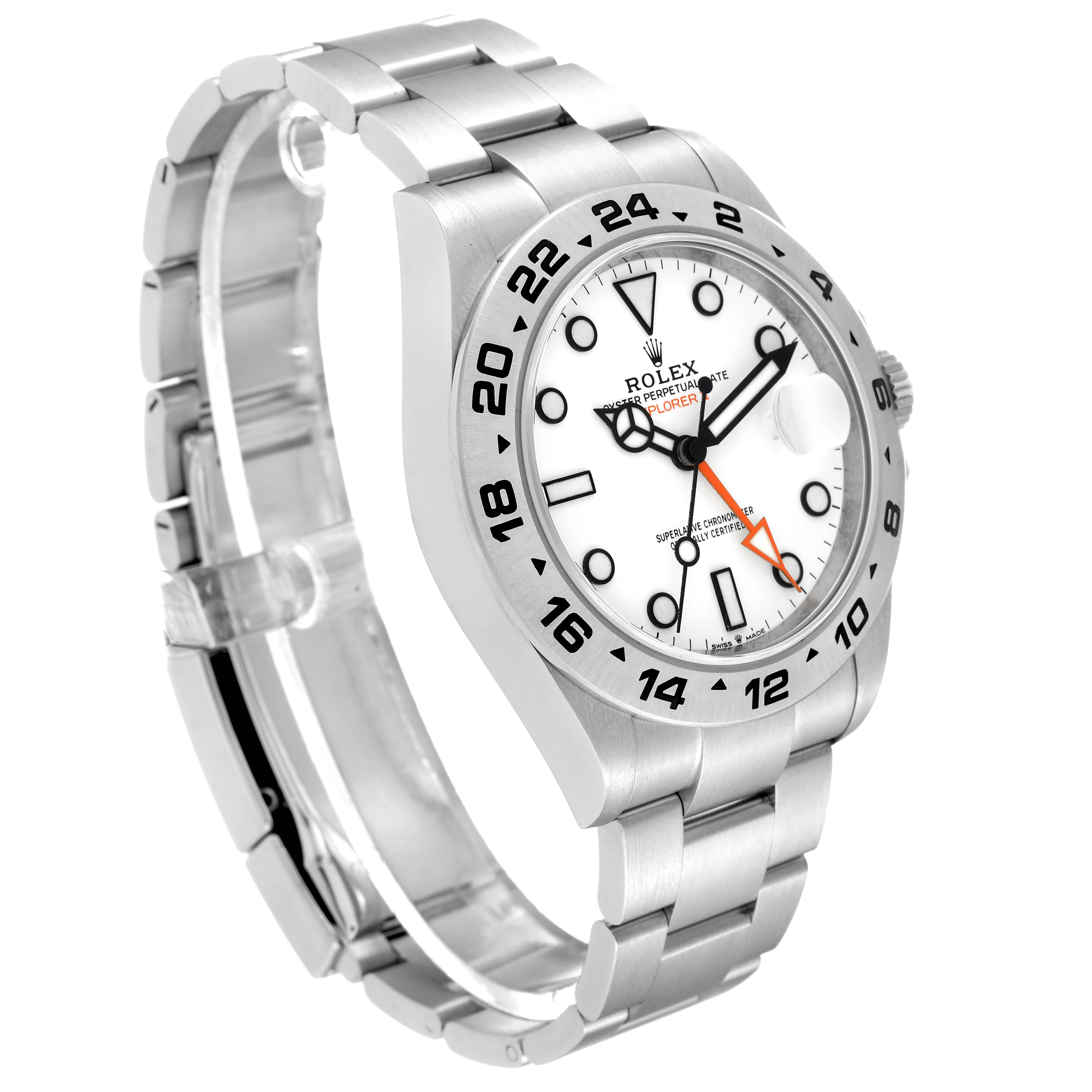 This image shows a Rolex Explorer 226570 Men's Stainless Steel White Dial 226570 Men's Stainless Steel White Dial watch, displaying its face, bezel, and stainless steel bracelet at a three-quarter angle.