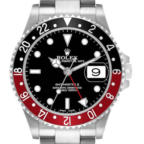 The image shows a front view of the Rolex GMT-Master 16710 Men's Stainless Steel Black Dial II watch, highlighting its bezel, dial, and bracelet.
