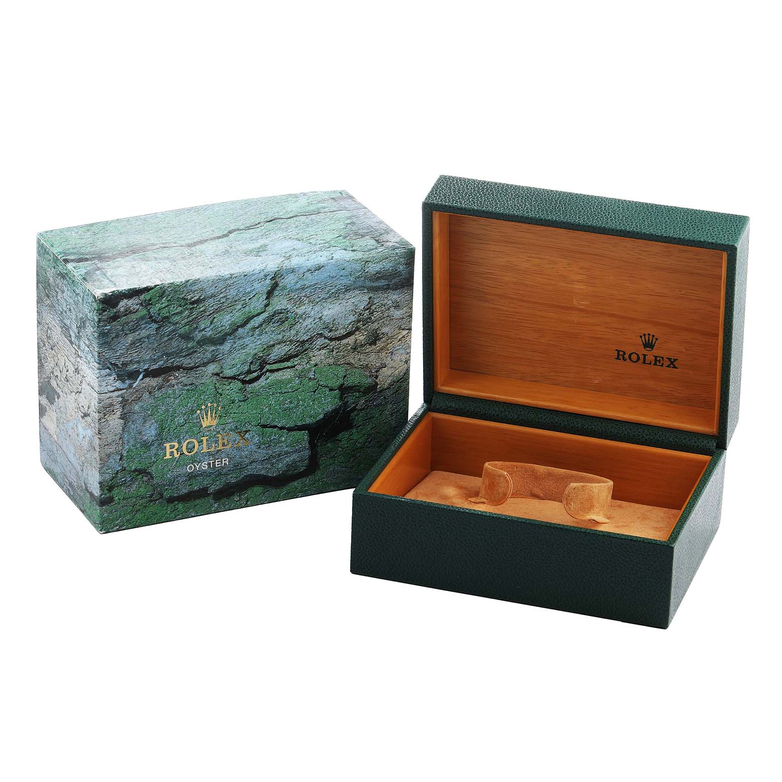 The image shows a Rolex GMT-Master 16710 Men's Stainless Steel Black Dial watch box and its outer packaging at an angle, highlighting the interior and logo.