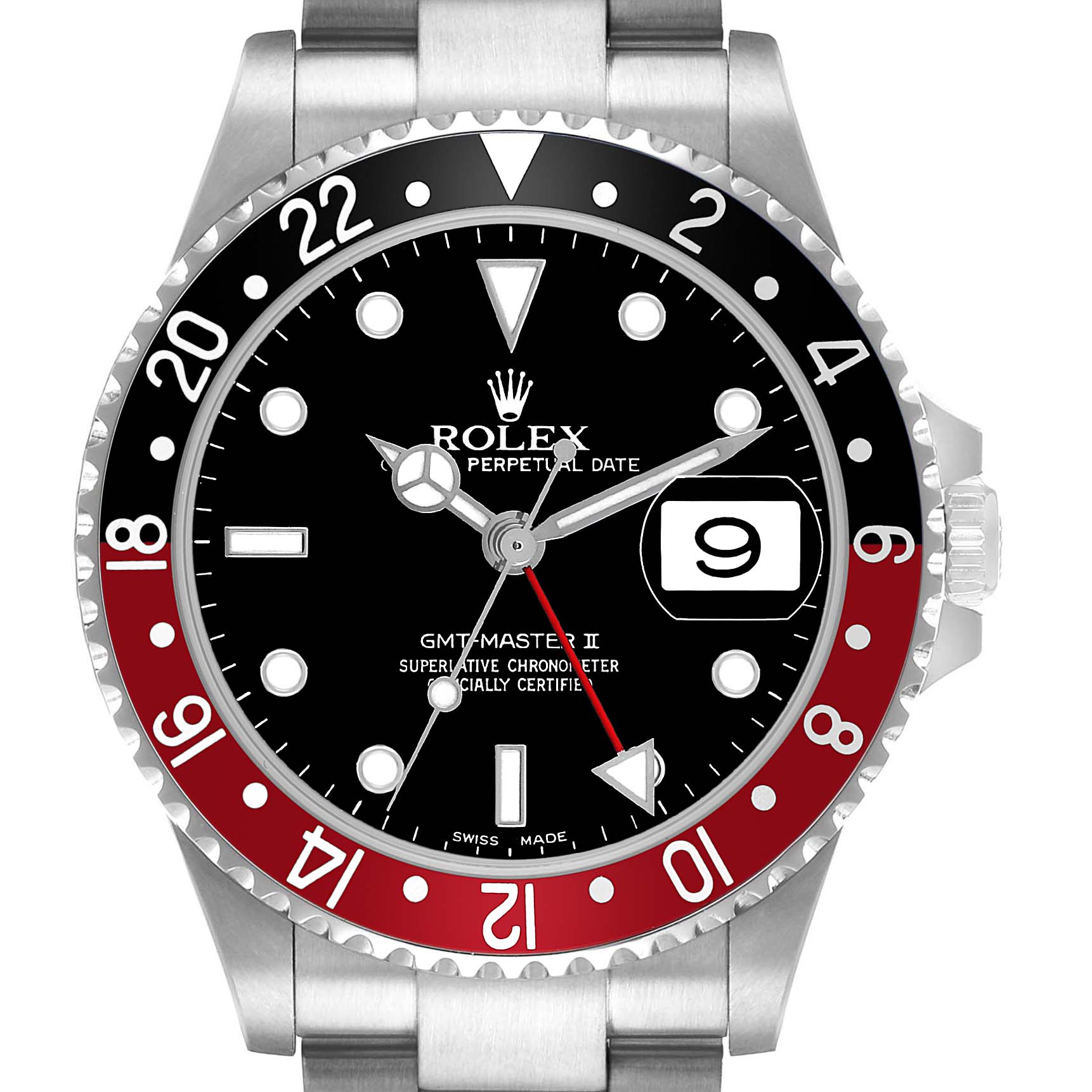 The image shows a frontal view of the Rolex GMT-Master 16710 Men's Stainless Steel Black Dial II, highlighting the bezel, dial, hands, and date magnifier.