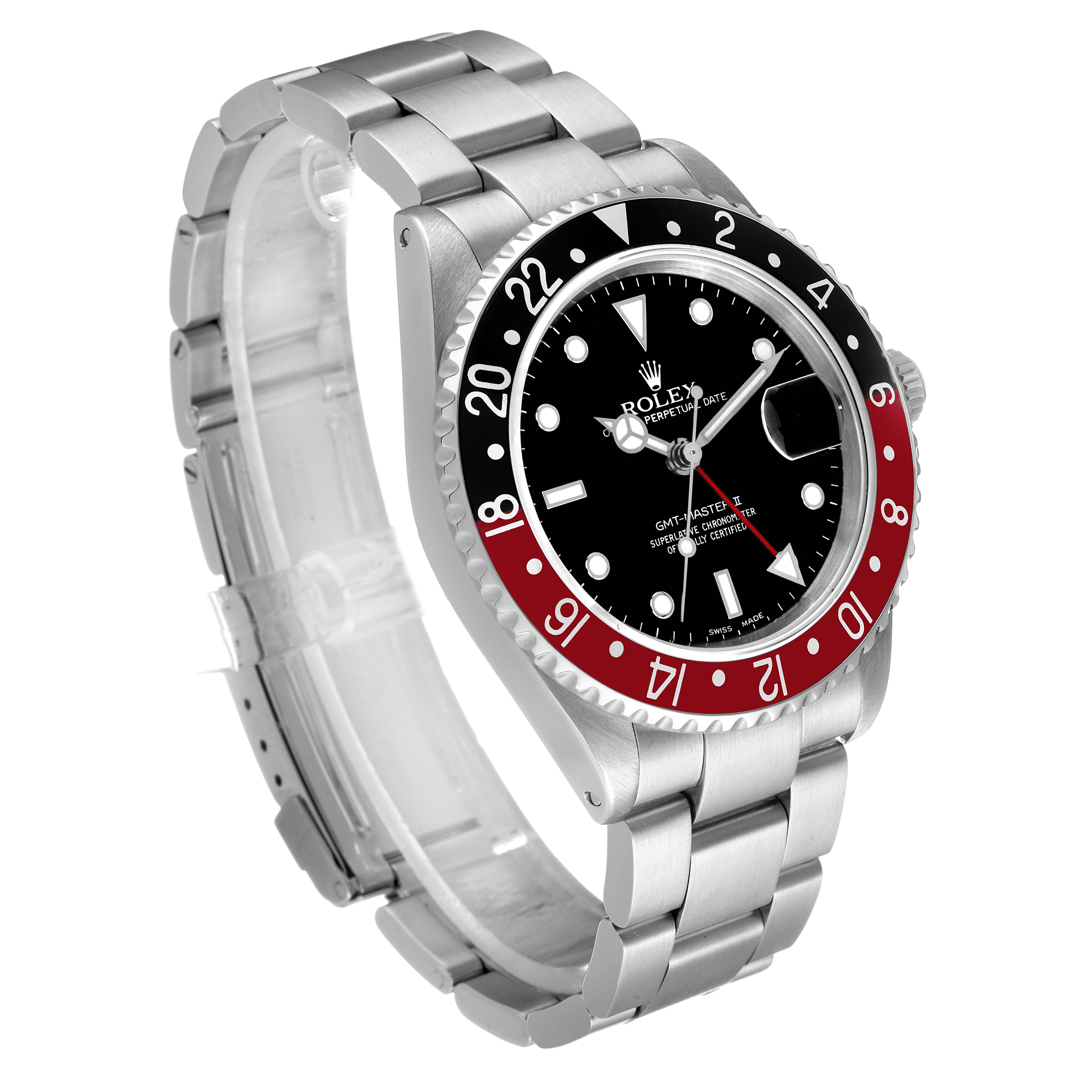 The Rolex GMT-Master 16710 Men's Stainless Steel Black Dial watch is shown at a three-quarter angle, displaying the bezel, dial, and part of the bracelet.