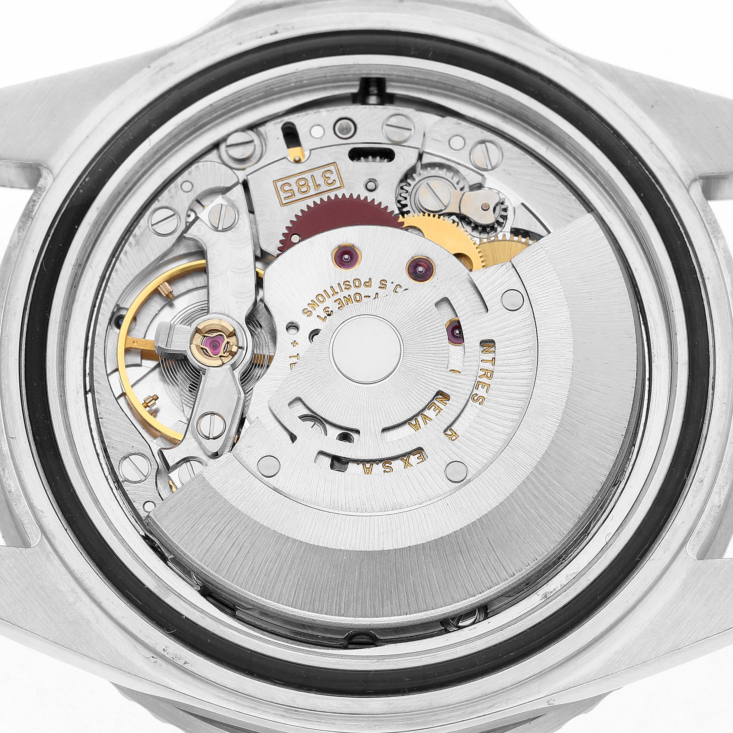 The image shows the movement’s back view of a Rolex GMT-Master 16710 Men's Stainless Steel Black Dial, highlighting the rotor and internal mechanisms.