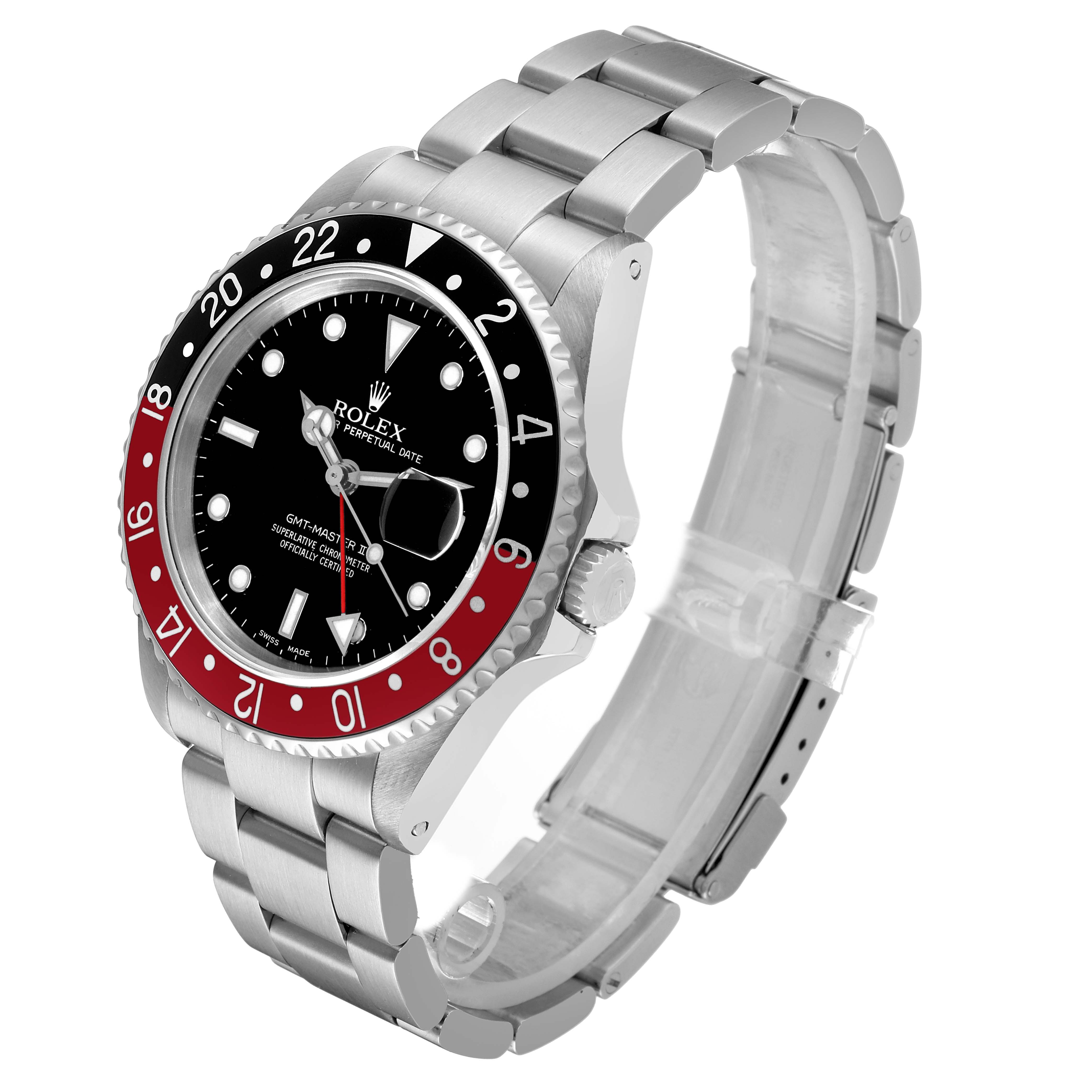The Rolex GMT-Master 16710 Men's Stainless Steel Black Dial is shown at a three-quarter angle, highlighting the bezel, face, crown, and bracelet.