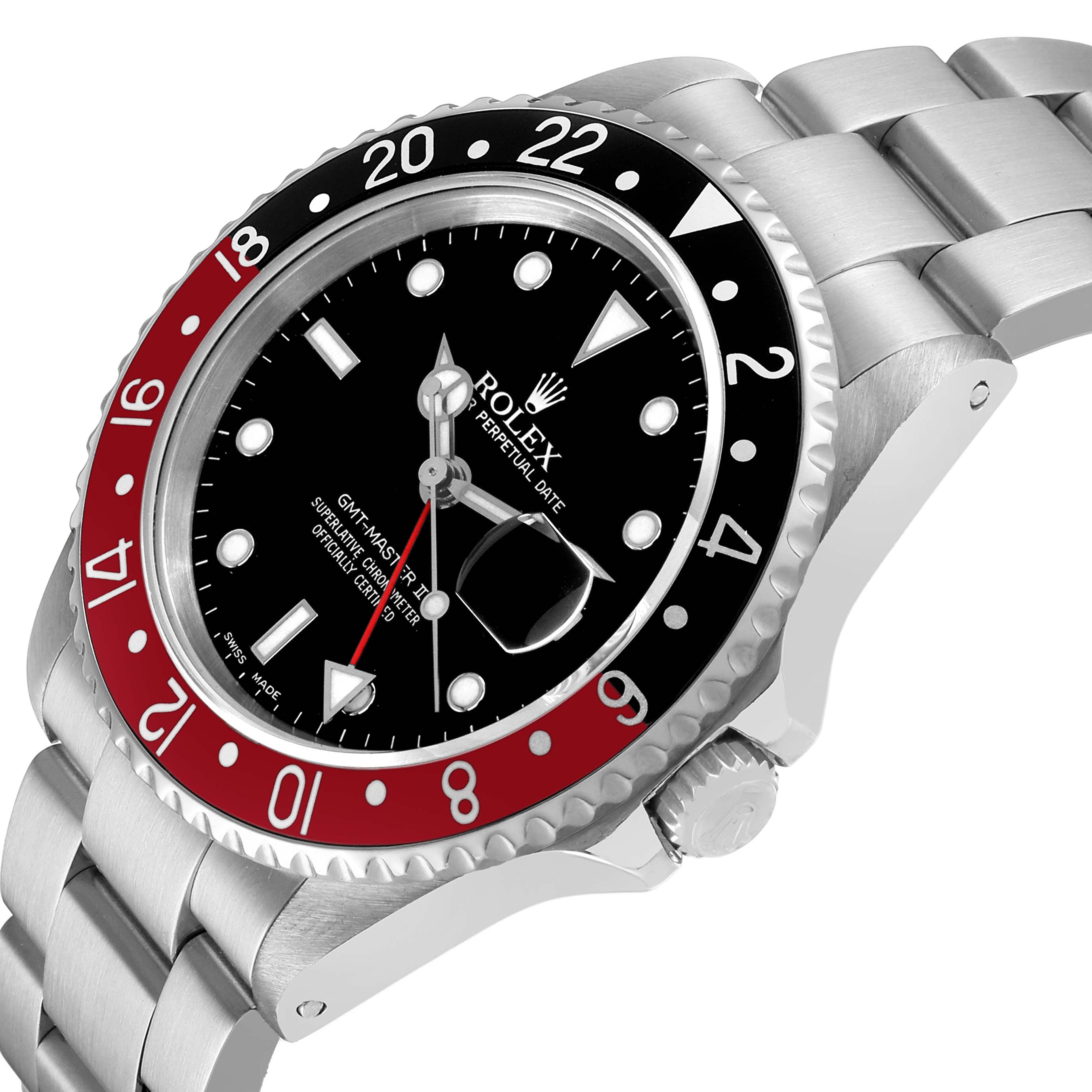 The image shows a close-up angle of the Rolex GMT-Master 16710 Men's Stainless Steel Black Dial watch, highlighting the bezel, dial, crown, and bracelet.