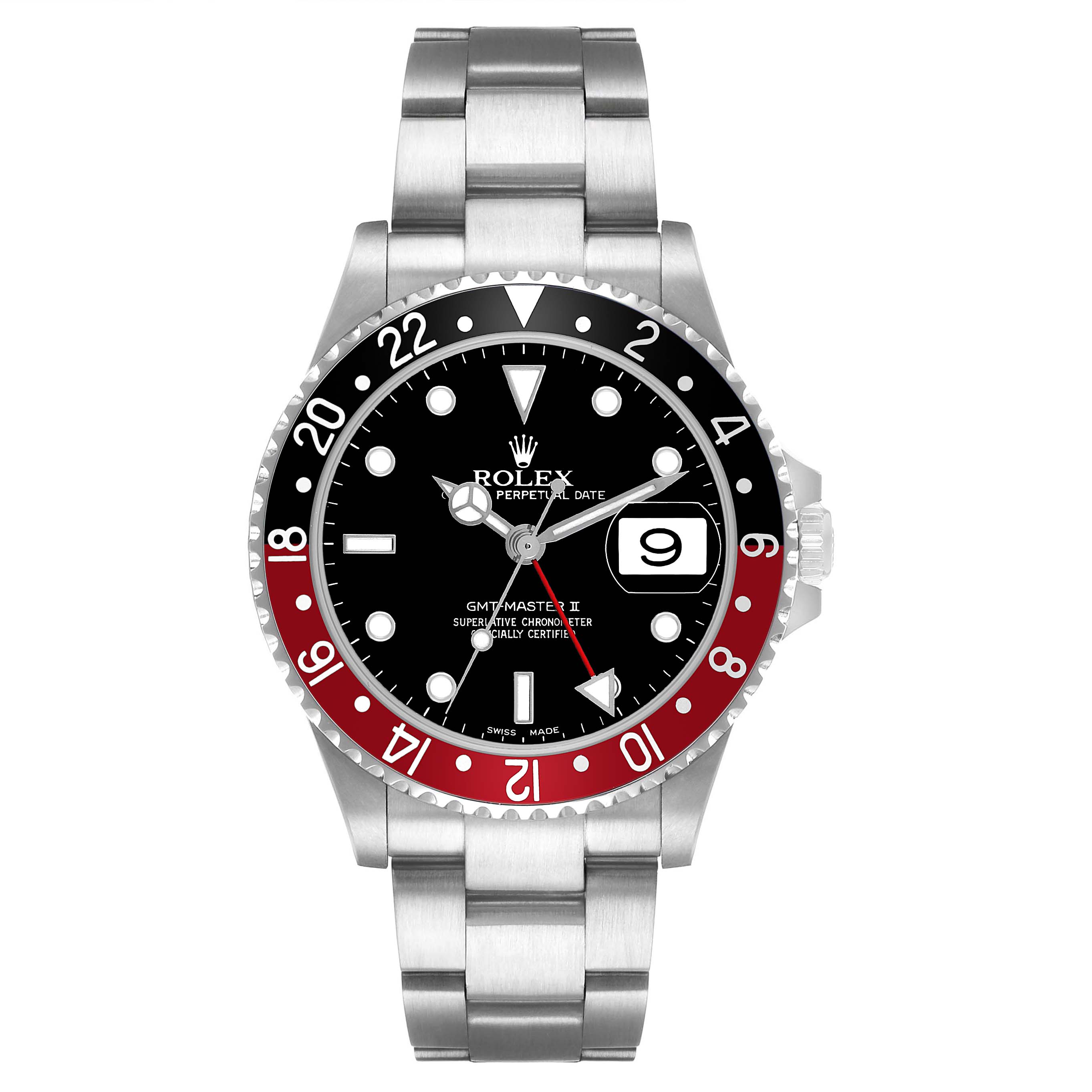 The Rolex GMT-Master 16710 Men's Stainless Steel Black Dial watch is shown from the front, displaying the bezel, dial, hands, and bracelet.