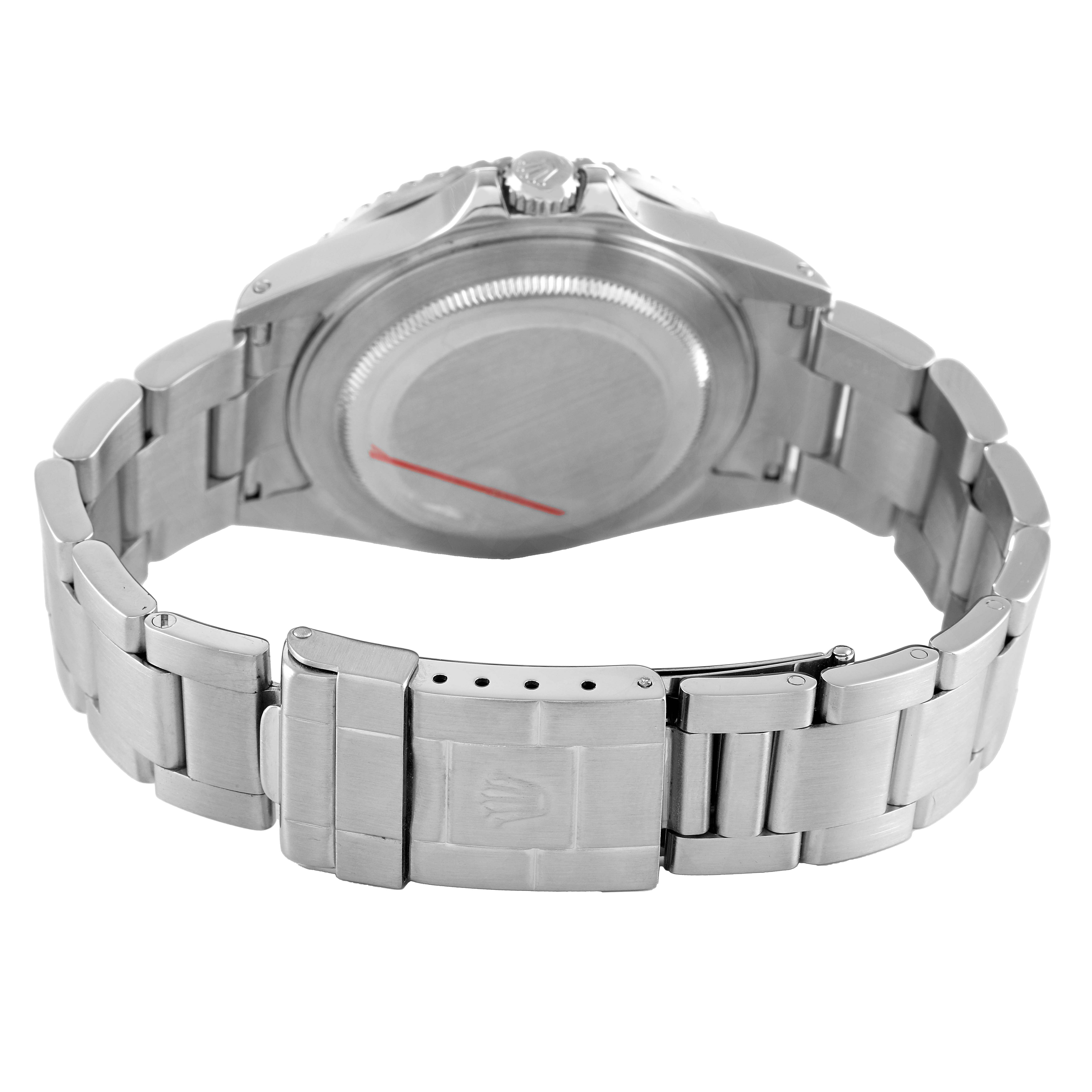 The image shows the back view of a Rolex GMT-Master 16710 Men's Stainless Steel Black Dial, focusing on the case back, bracelet, and clasp.