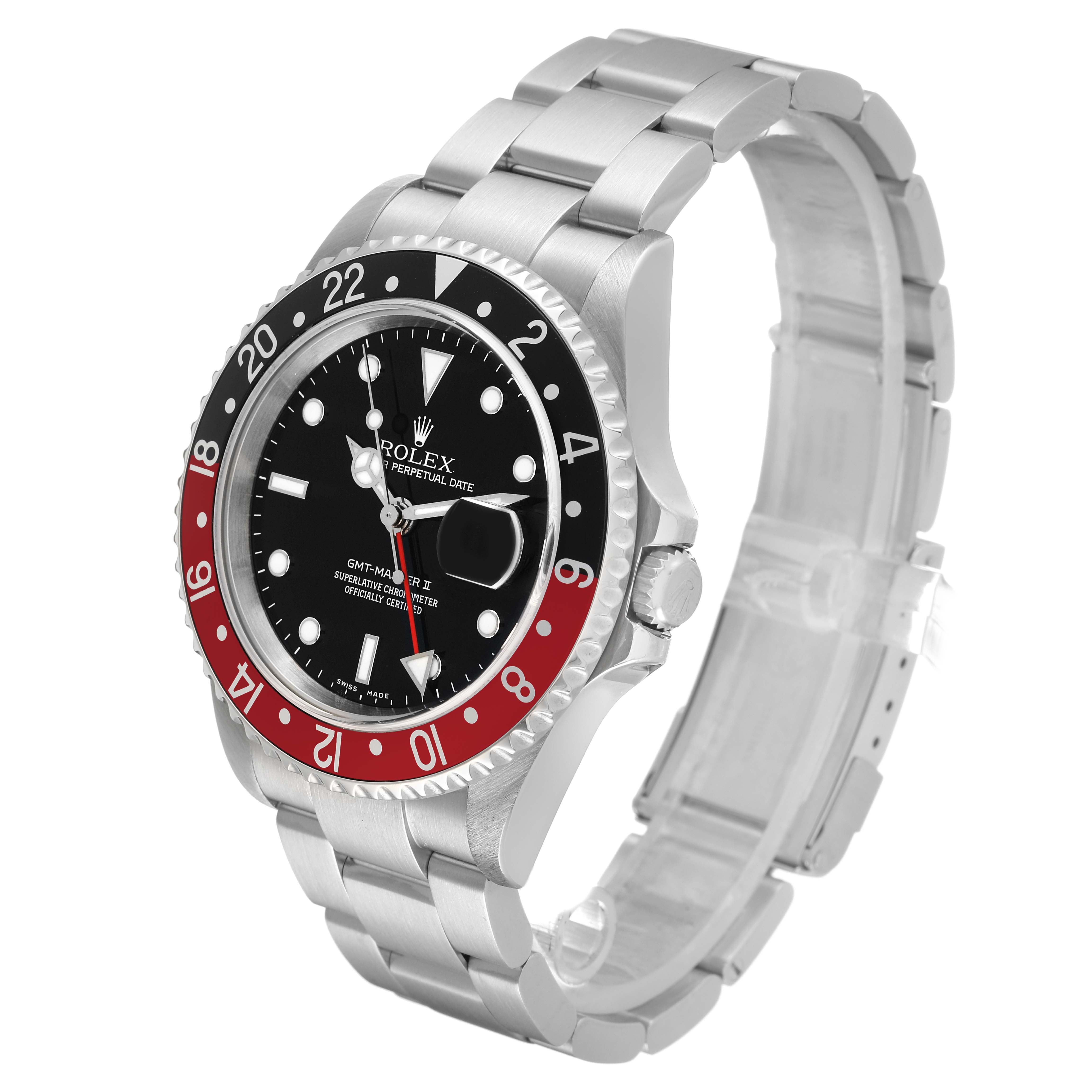 The Rolex GMT-Master 16710 Men's Stainless Steel Black Dial watch is shown in a three-quarter angle revealing the bezel, dial, crown, and bracelet.