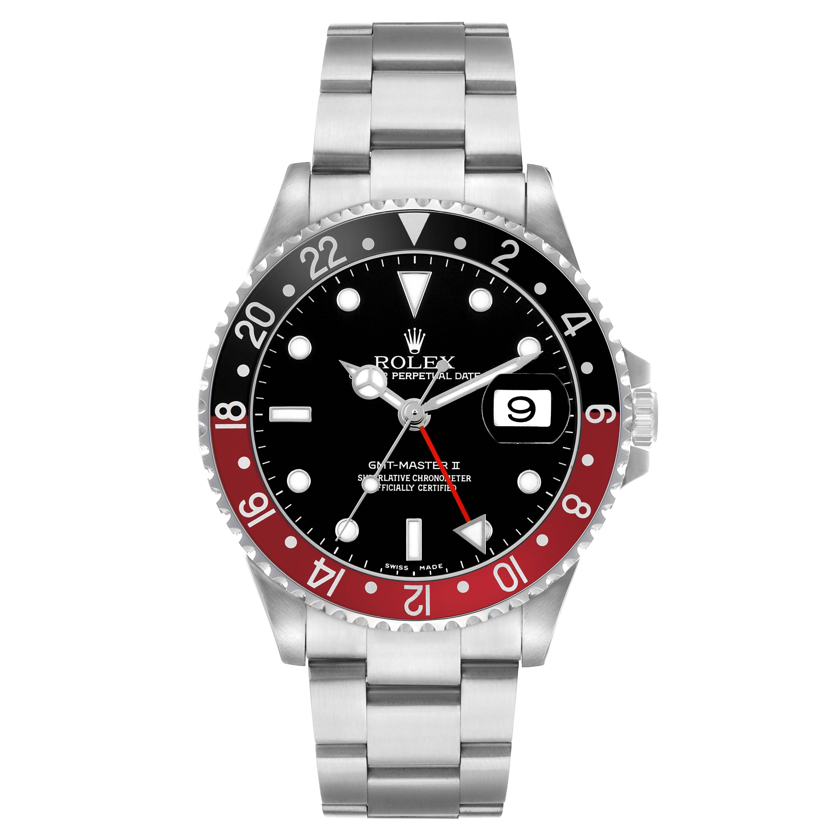 The Rolex GMT-Master 16710 Men's Stainless Steel Black Dial watch is shown from a front angle, highlighting the bezel, dial, hands, and bracelet.