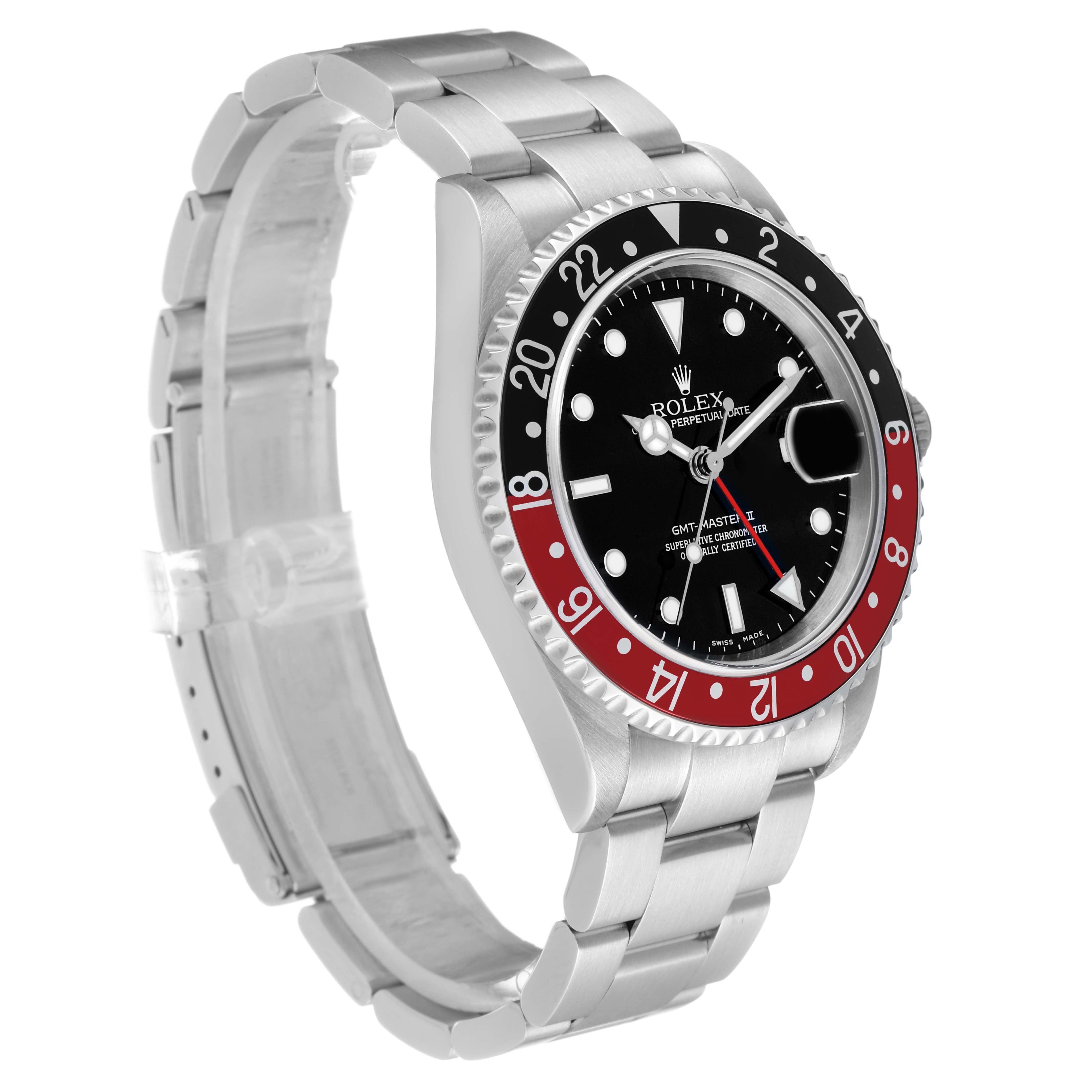 The Rolex GMT-Master 16710 Men's Stainless Steel Black Dial watch is shown at an angled side view, highlighting the bezel, dial, and stainless steel bracelet.