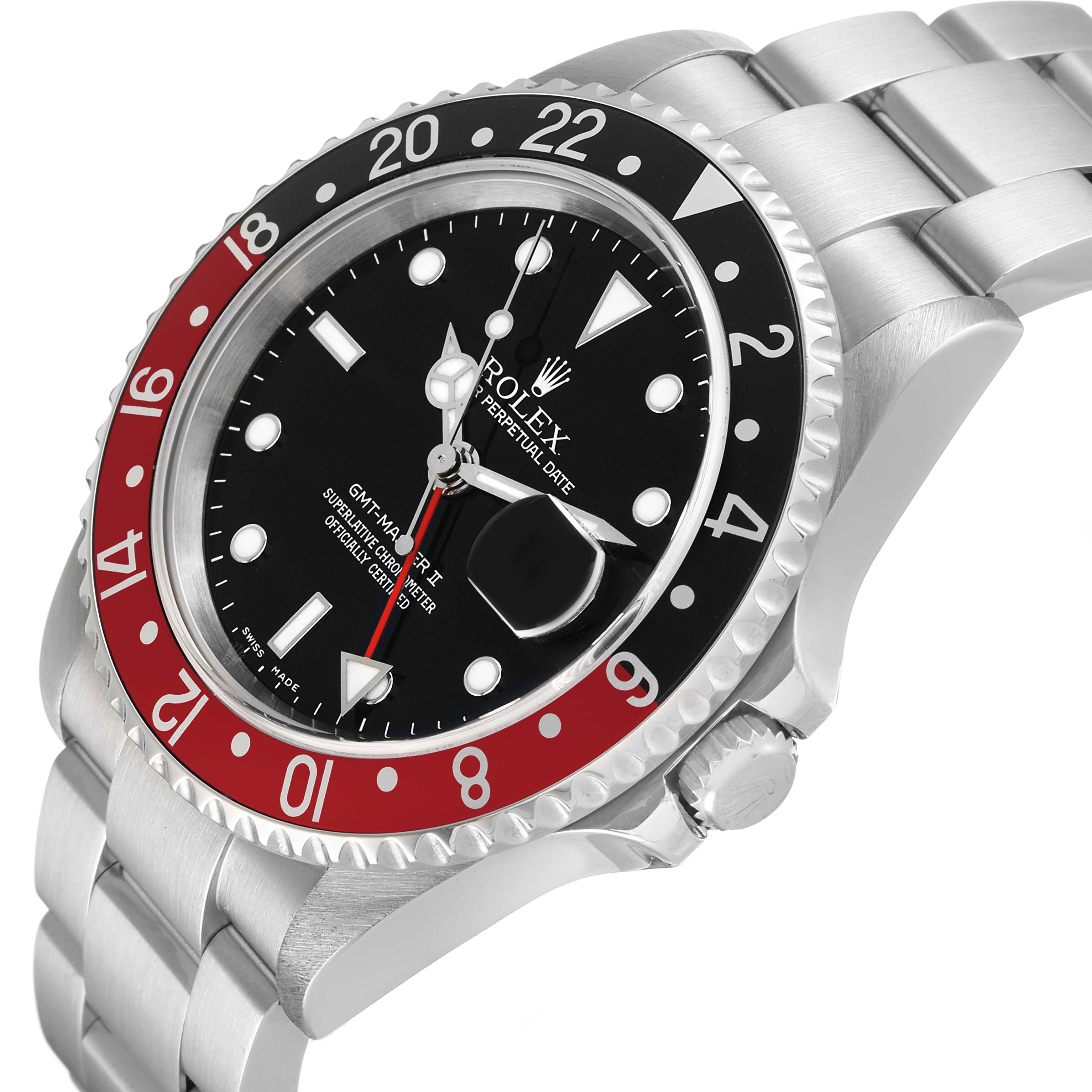 The Rolex GMT-Master 16710 Men's Stainless Steel Black Dial watch is shown at an angled side view, highlighting its bezel, face, crown, and bracelet.