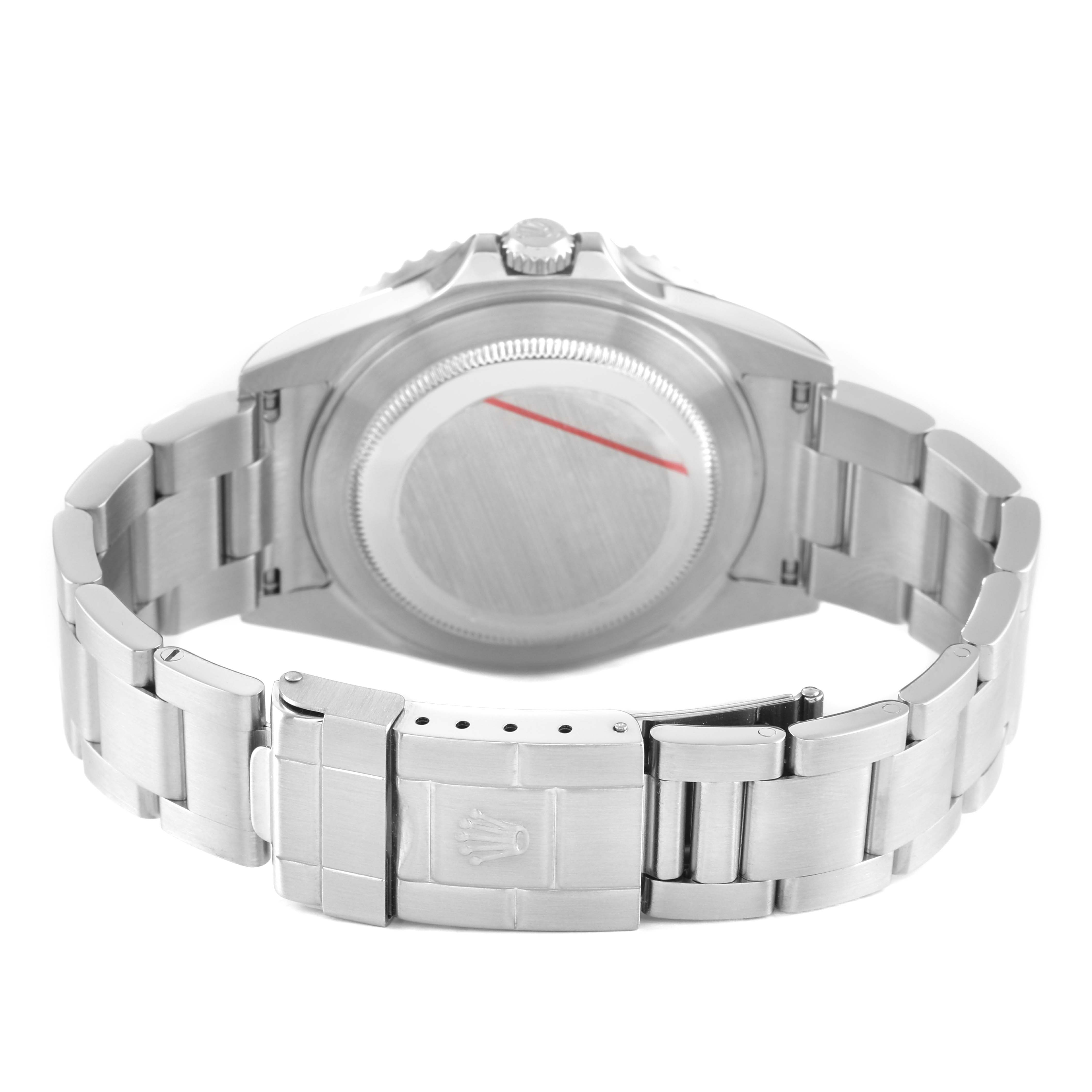 The image shows the underside and clasp of a Rolex GMT-Master 16710 Men's Stainless Steel Black Dial watch, highlighting its bracelet and case back.