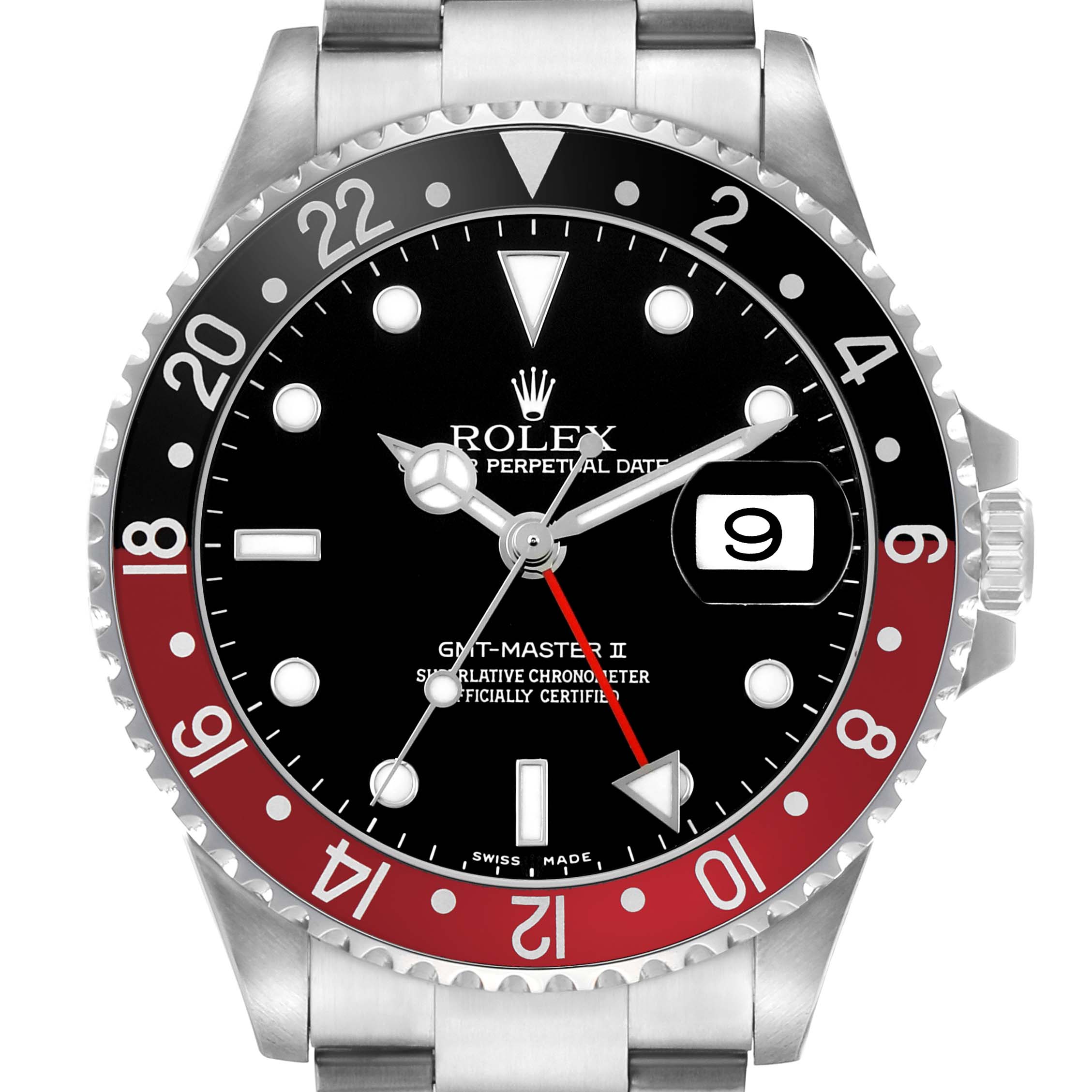 The image shows a front view of the Rolex GMT-Master 16710 Men's Stainless Steel Black Dial model, displaying the dial, bezel, and part of the bracelet.
