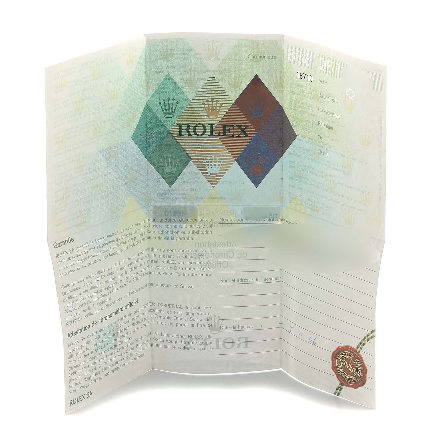 The image shows a folded warranty and chronometer certificate for a Rolex GMT-Master 16710 Men's Stainless Steel Black Dial watch.