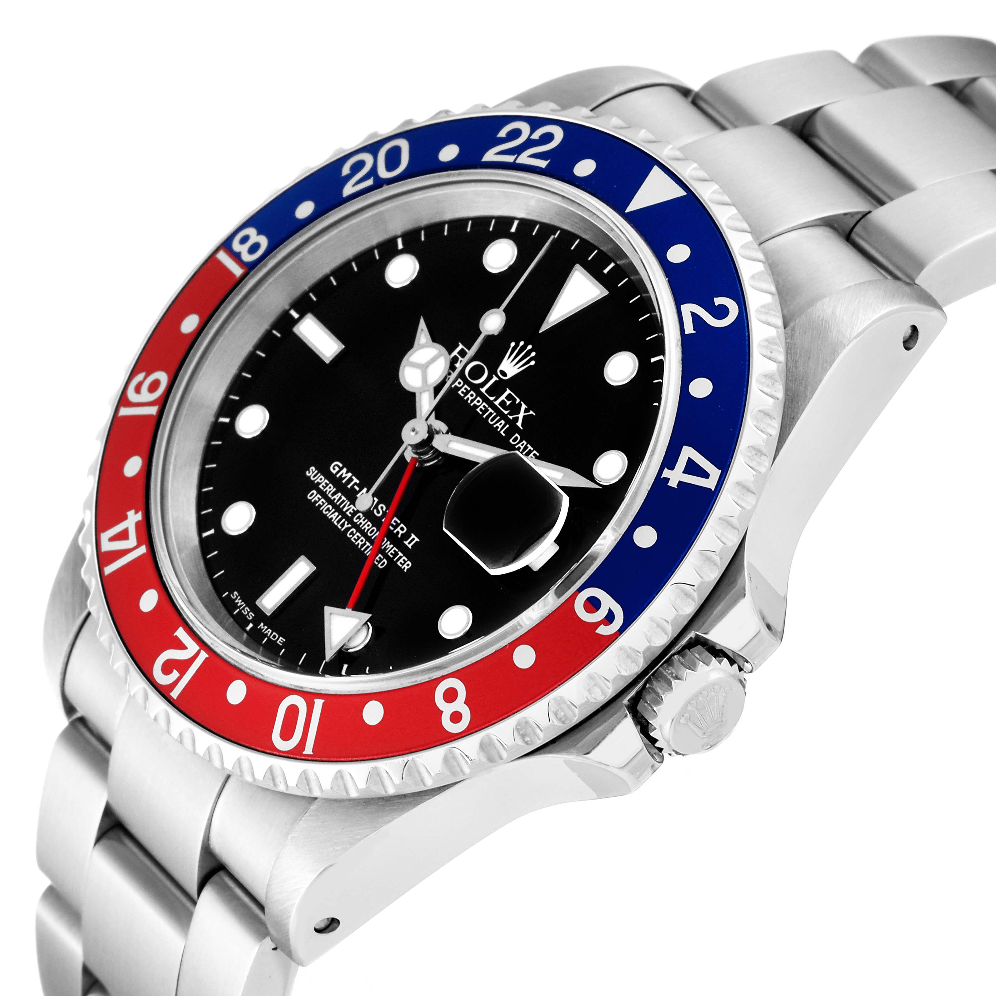 The image shows a Rolex GMT-Master 16710 Men
s Stainless Steel Black Dial 16710 Men
s Stainless Steel Black Dial watch from an oblique angle, highlighting its bezel, dial, and bracelet.