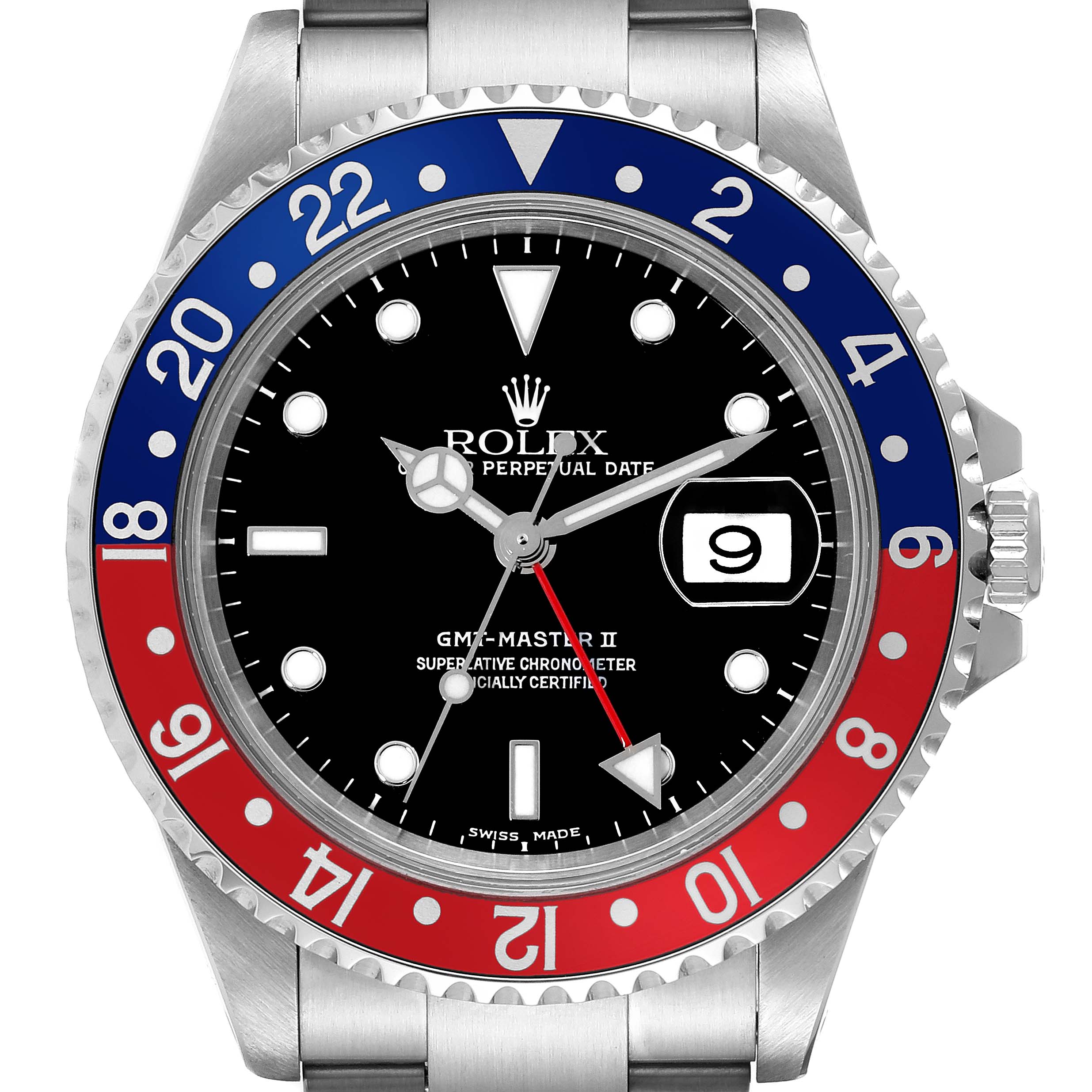 The image shows a front angle of the Rolex GMT-Master 16710 Men
s Stainless Steel Black Dial 16710 Men
s Stainless Steel Black Dial II watch, displaying the dial, hands, bezel, and part of the bracelet.