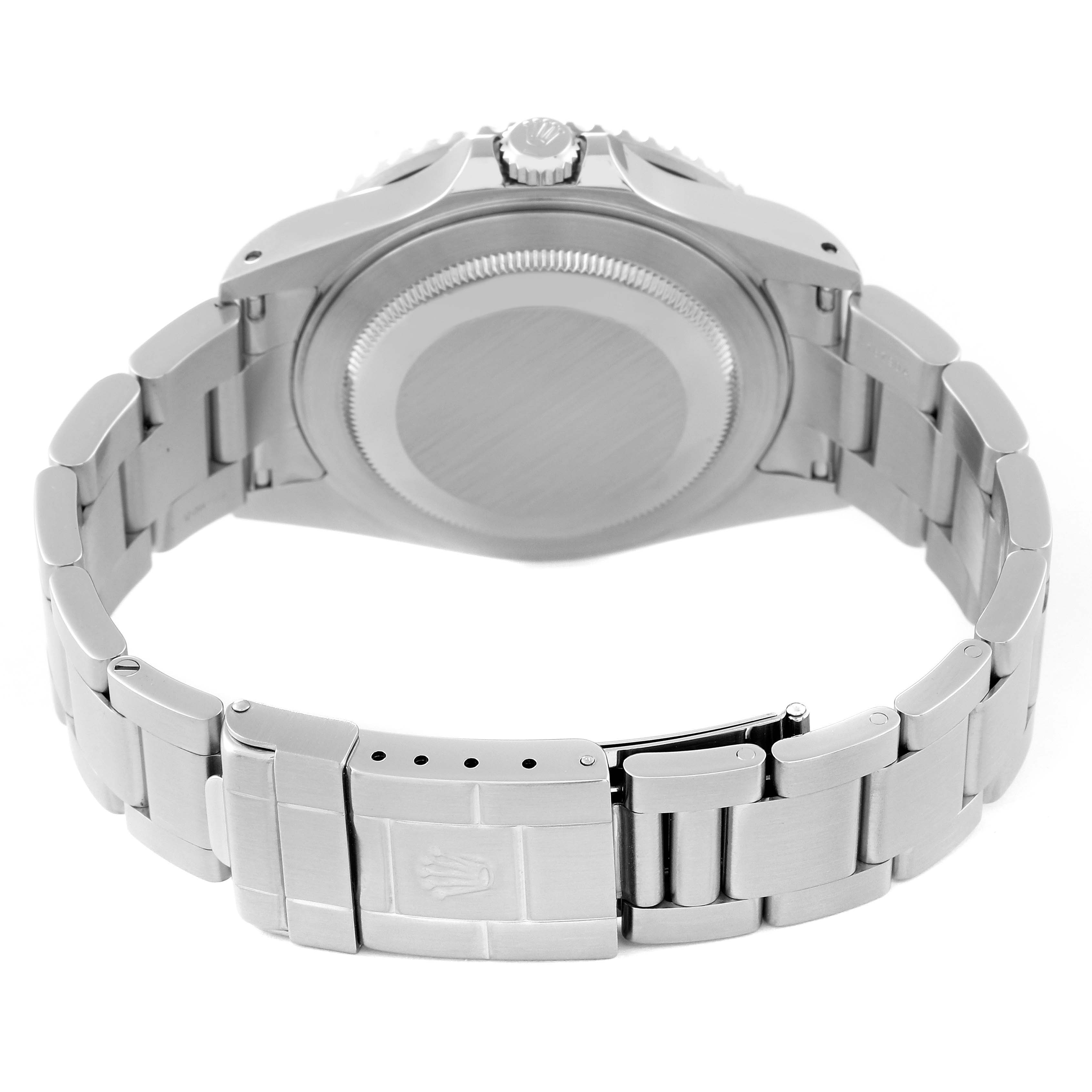 The image shows the back view of a Rolex GMT-Master 16710 Men
s Stainless Steel Black Dial 16710 Men
s Stainless Steel Black Dial, highlighting the case back and bracelet with the clasp.