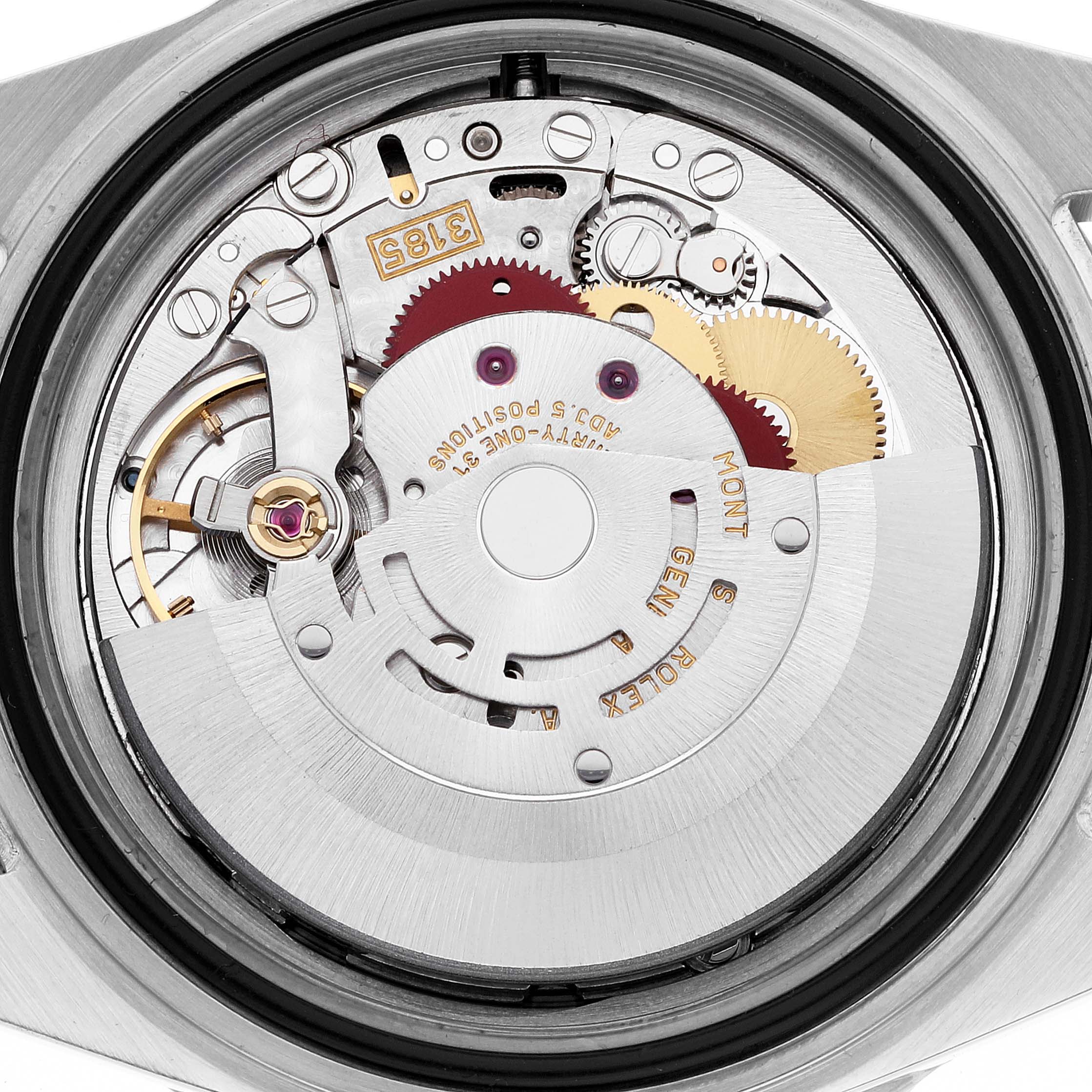 The image shows the inner mechanism and movement of a Rolex GMT-Master 16710 Men
s Stainless Steel Black Dial 16710 Men
s Stainless Steel Black Dial watch from a back angle.