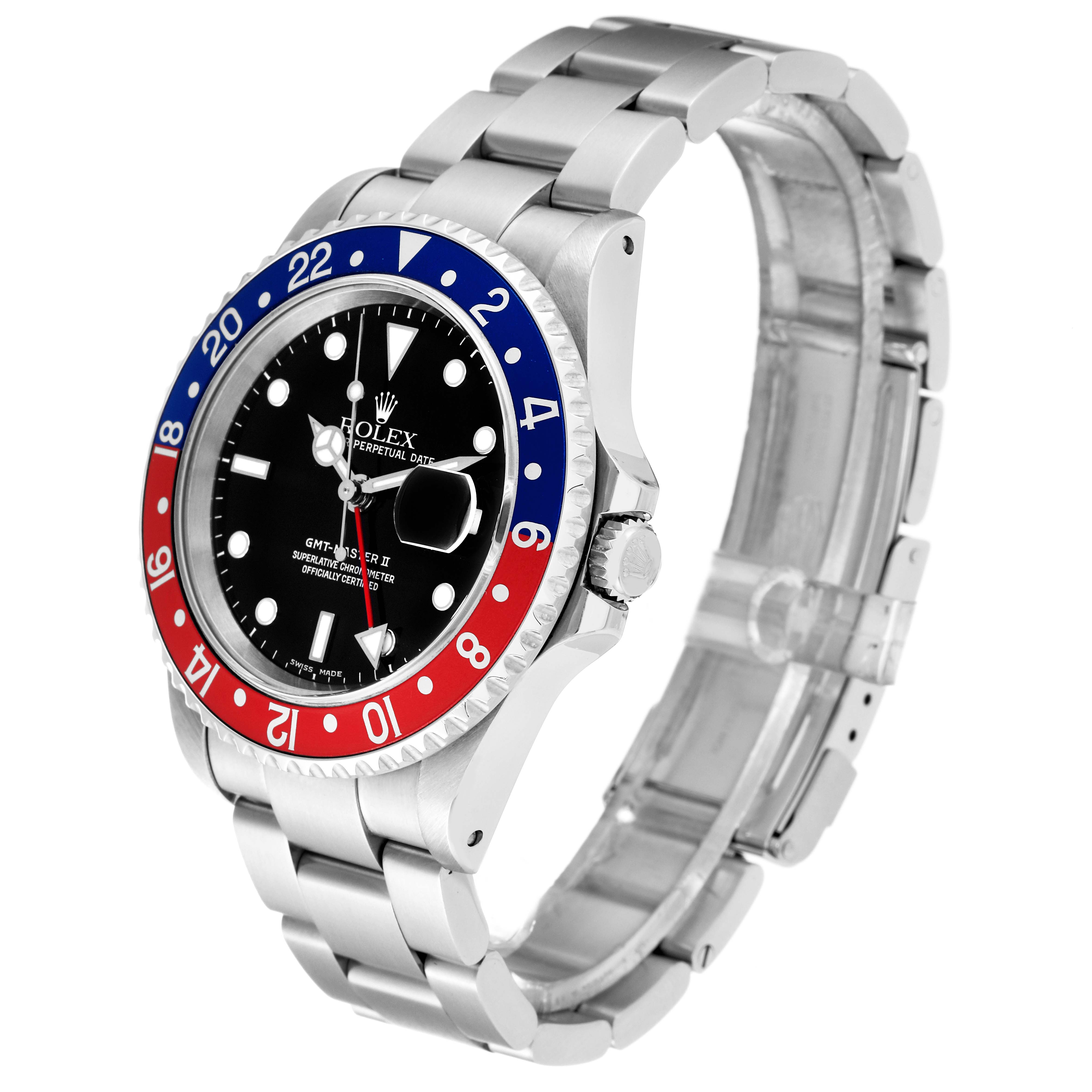 This image shows a Rolex GMT-Master 16710 Men
s Stainless Steel Black Dial 16710 Men
s Stainless Steel Black Dial watch photographed from a front-right angle displaying the face, bezel, and part of the bracelet.