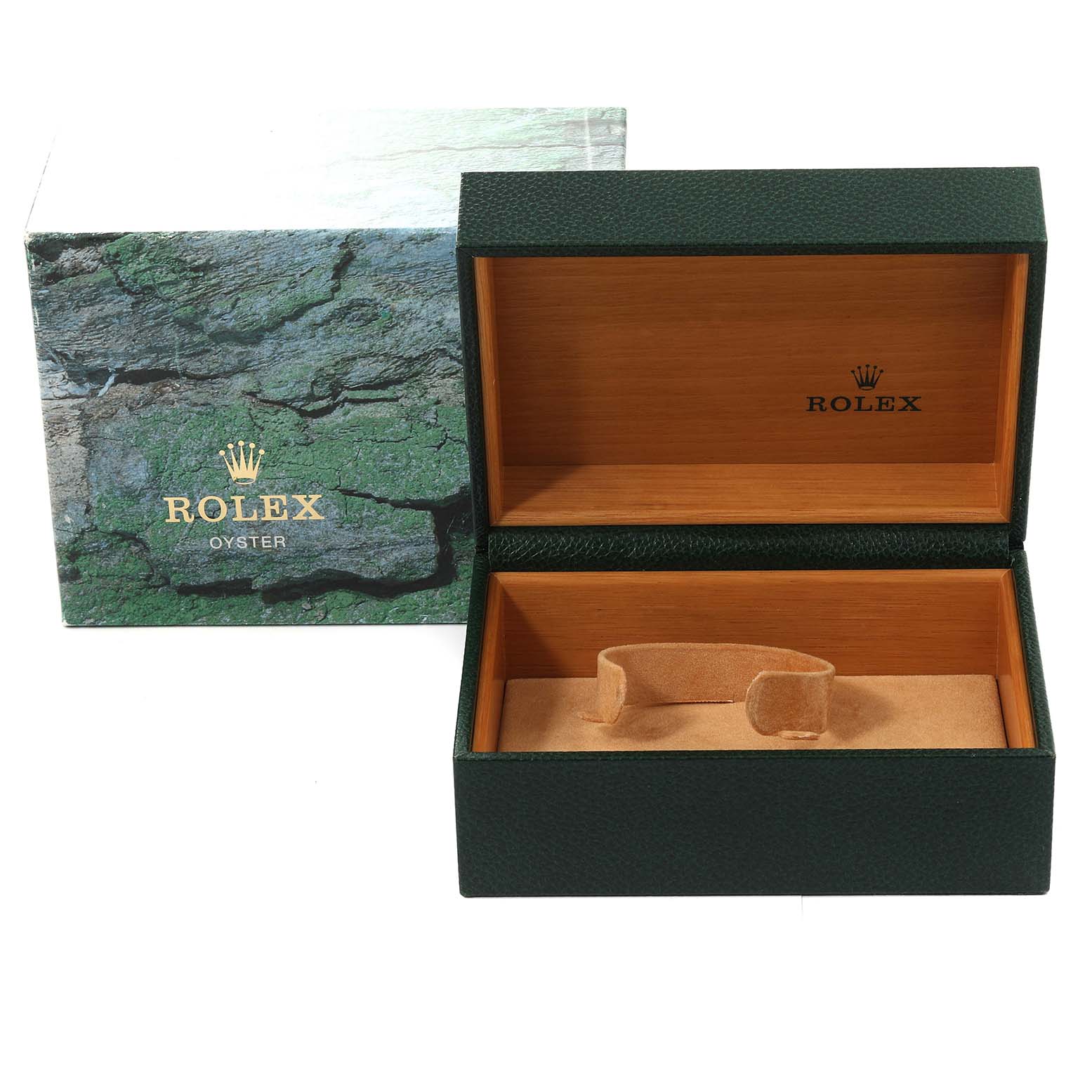 The image shows an open Rolex GMT-Master 16710 Men
s Stainless Steel Black Dial 16710 Men
s Stainless Steel Black Dial watch box, highlighting its green exterior, wooden interior, and a cushion for the watch.