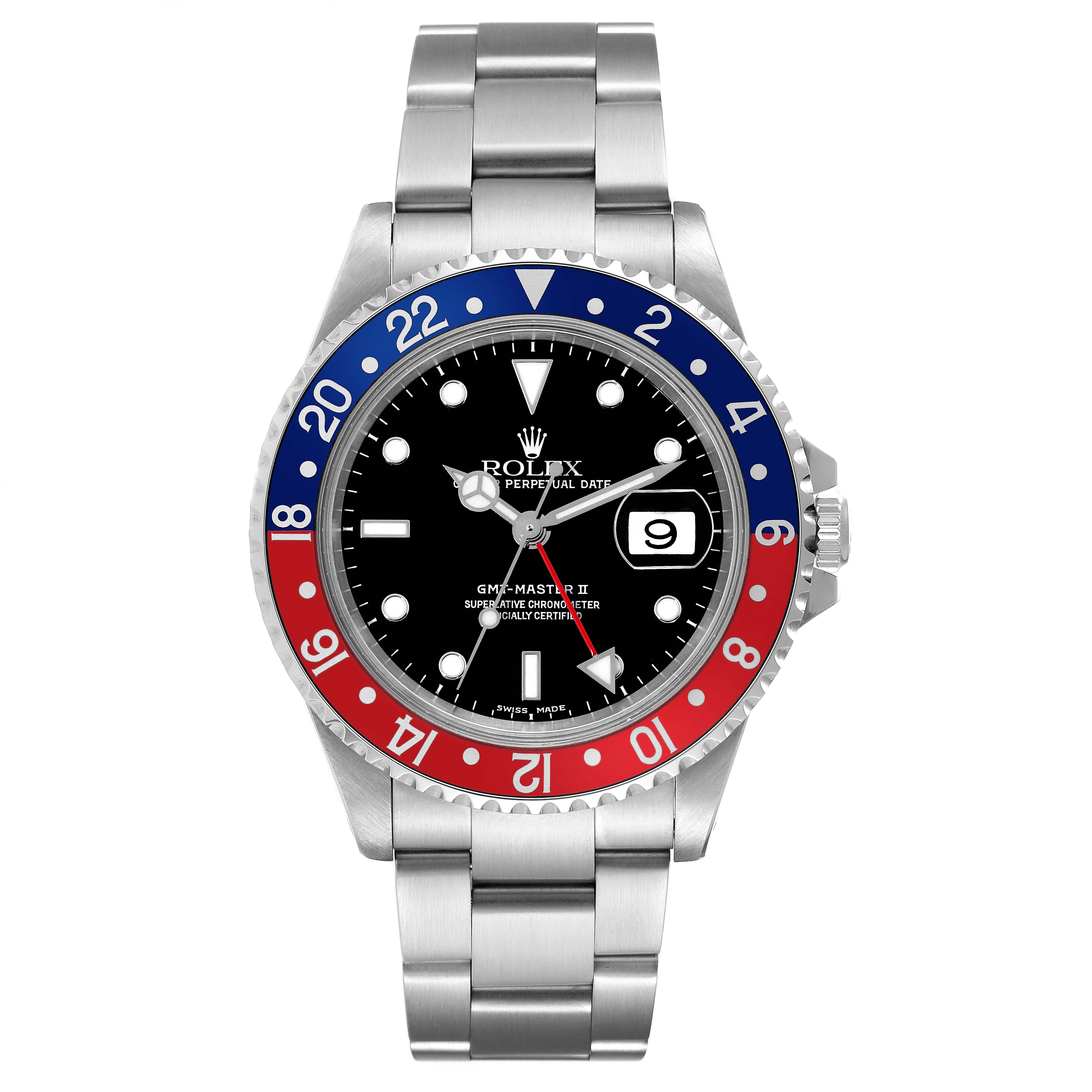 This image shows a frontal view of a Rolex GMT-Master 16710 Men
s Stainless Steel Black Dial 16710 Men
s Stainless Steel Black Dial II watch, displaying its bezel, dial, bracelet, and date window.