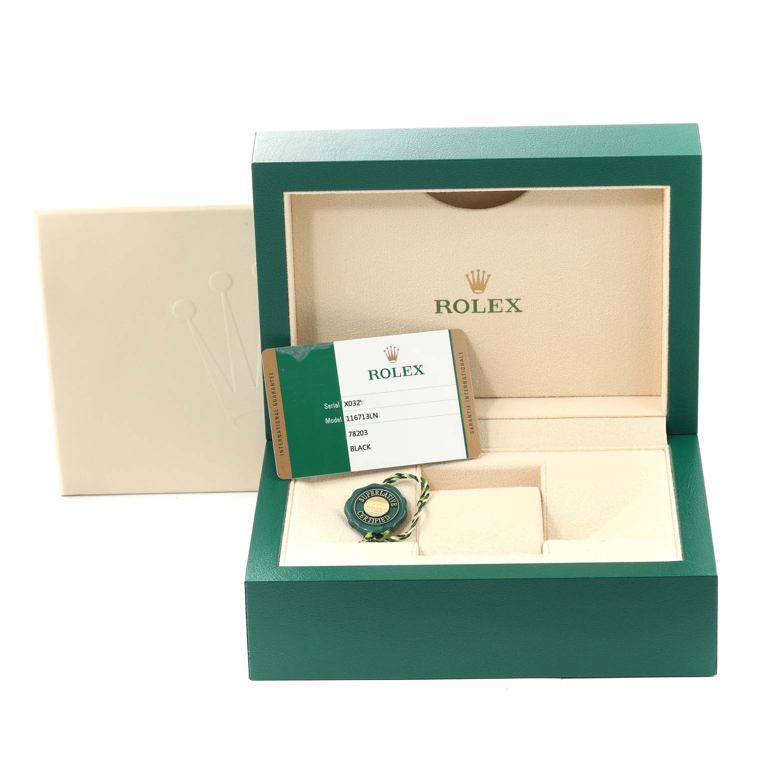 The image shows a Rolex GMT-Master 116713 Men's Steel and Gold (two tone) Black Dial 116713 Men's Steel and Gold (two tone) Black Dial model watch box containing a Rolex authenticity card and a green tag.