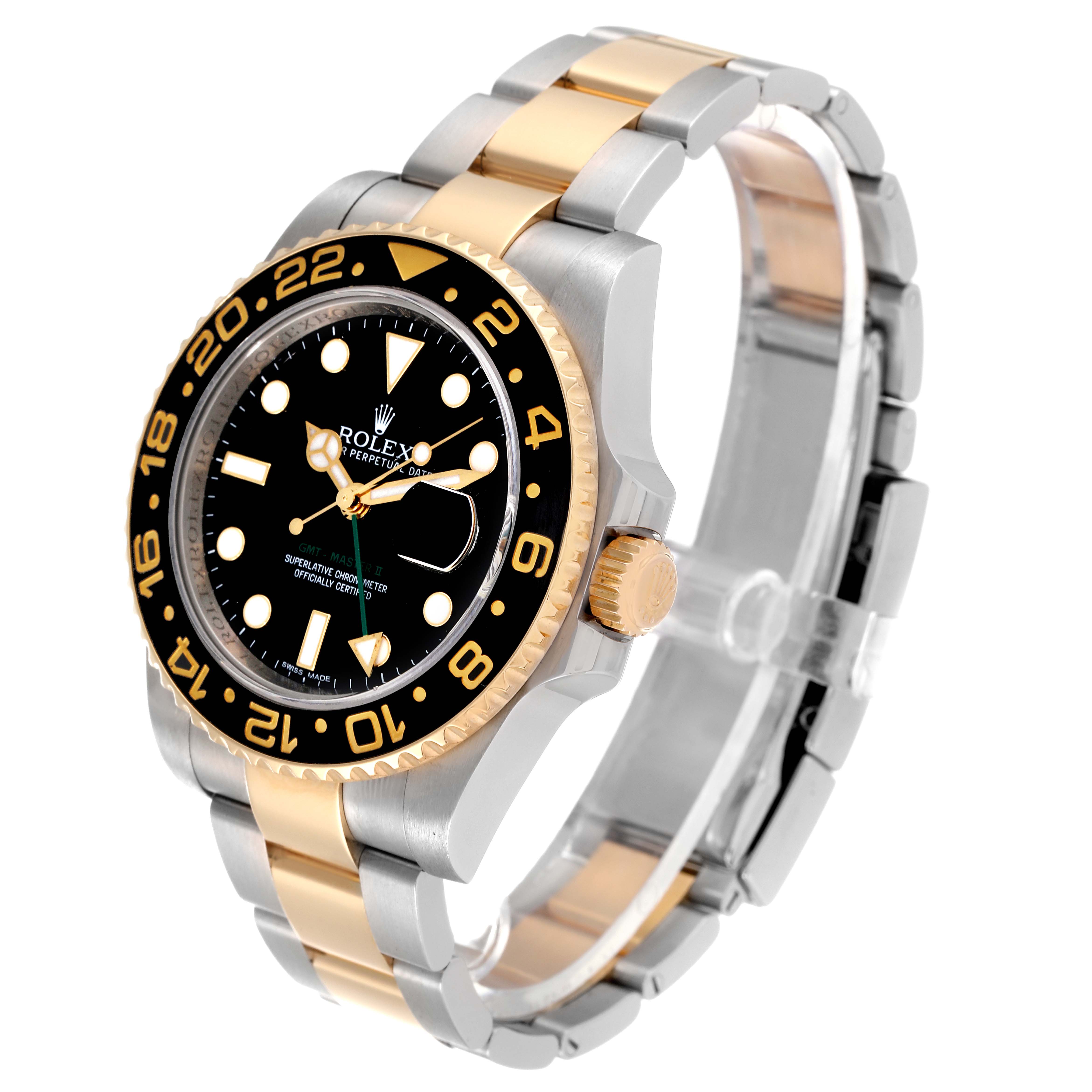 The Rolex GMT-Master 116713 Men's Steel and Gold (two tone) Black Dial 116713 Men's Steel and Gold (two tone) Black Dial watch is shown at a three-quarter angle, highlighting its face, crown, and two-tone bracelet.
