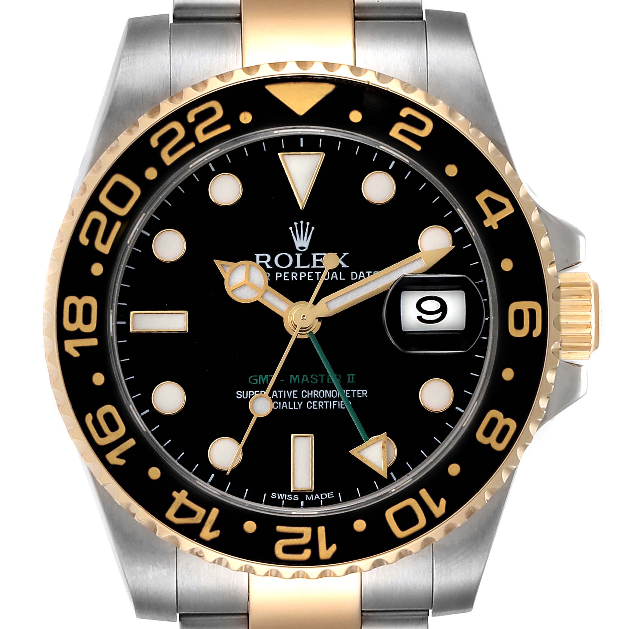 The Rolex GMT-Master 116713 Men's Steel and Gold (two tone) Black Dial 116713 Men's Steel and Gold (two tone) Black Dial II watch is shown from a front angle, highlighting the dial, bezel, hands, and date display.