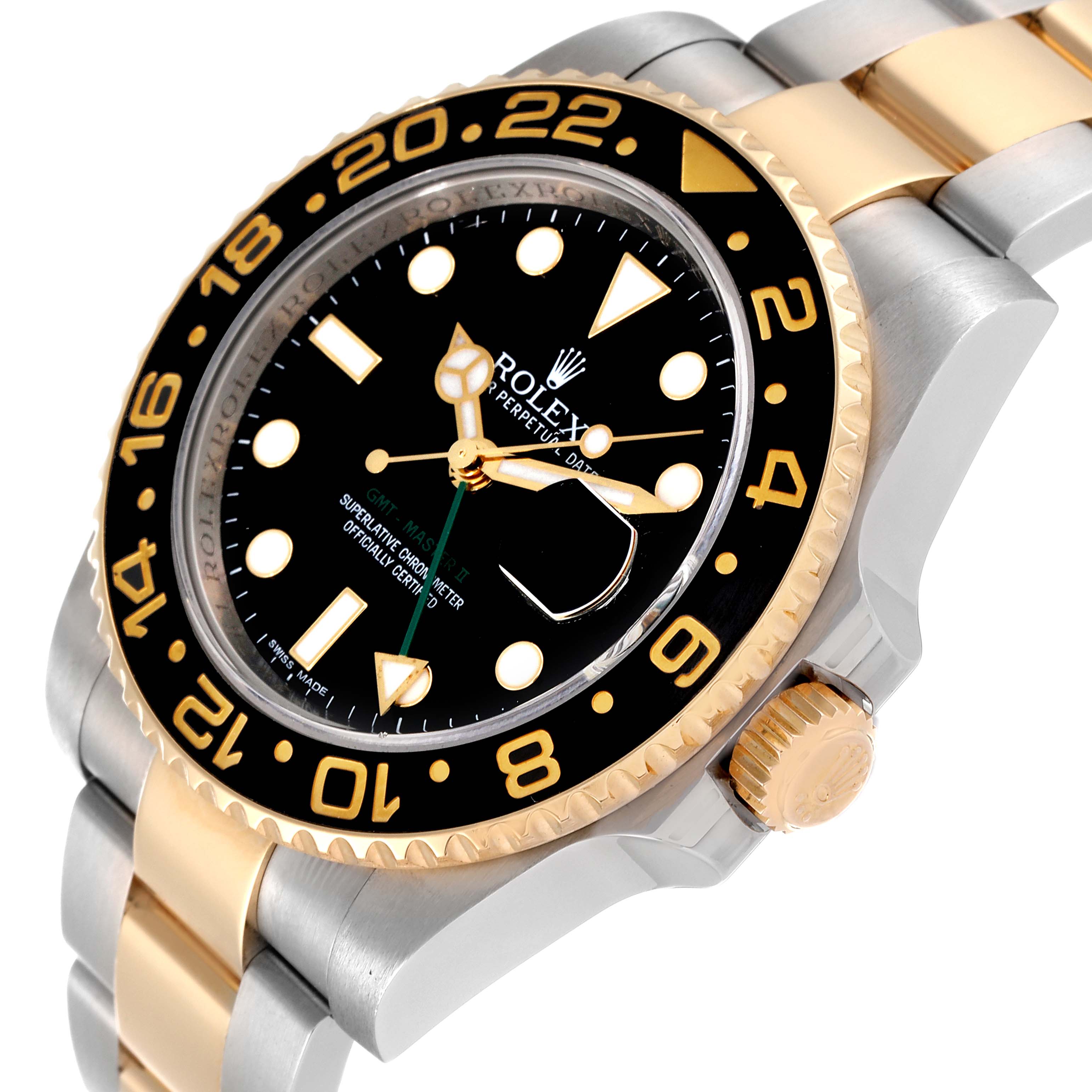 This is an angled close-up of a Rolex GMT-Master 116713 Men's Steel and Gold (two tone) Black Dial 116713 Men's Steel and Gold (two tone) Black Dial watch showing the face, bezel, and part of the bracelet.
